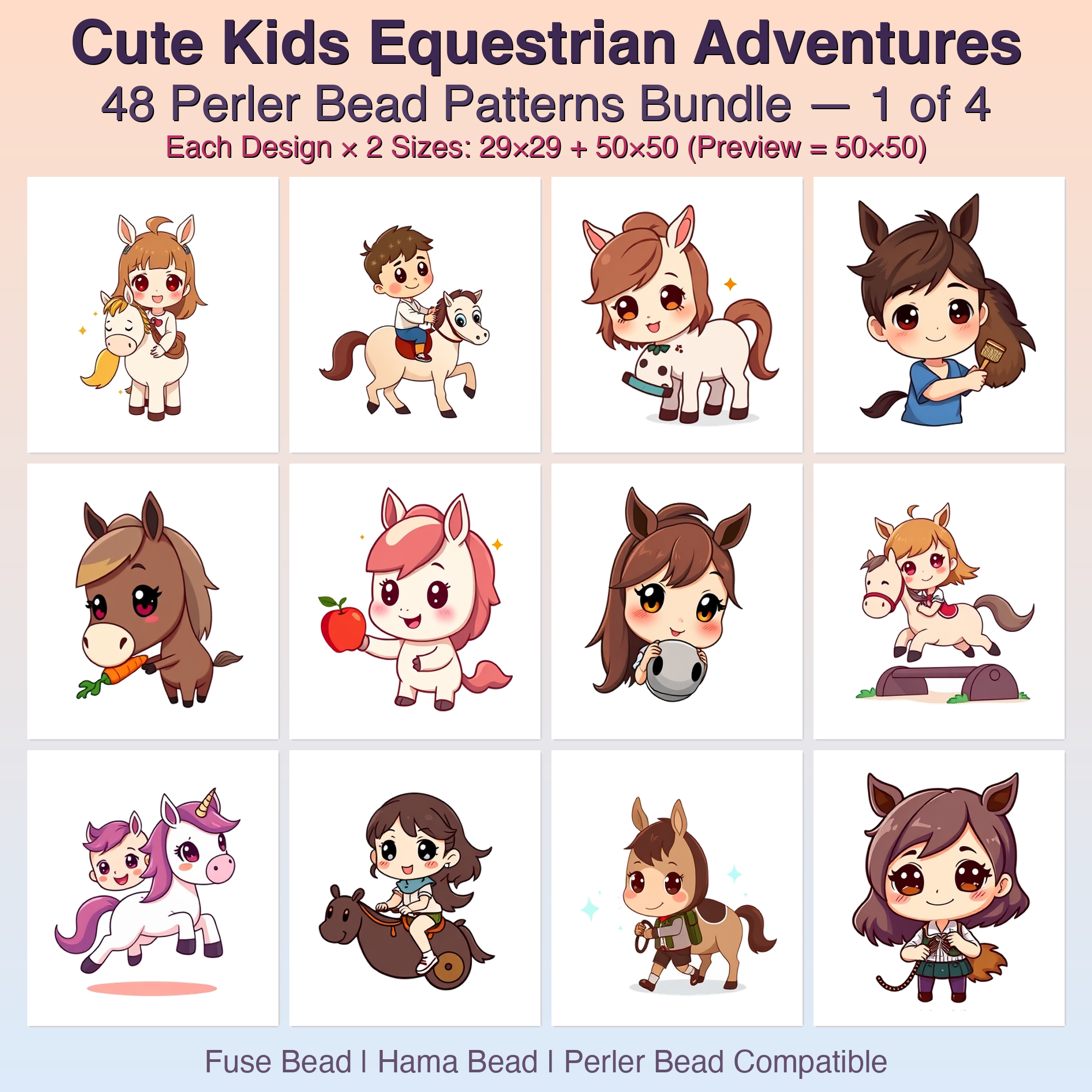 Cute Kids Equestrian Adventures Perler Bead Patterns Bundle, 48 Designs (PDF Digital Download)