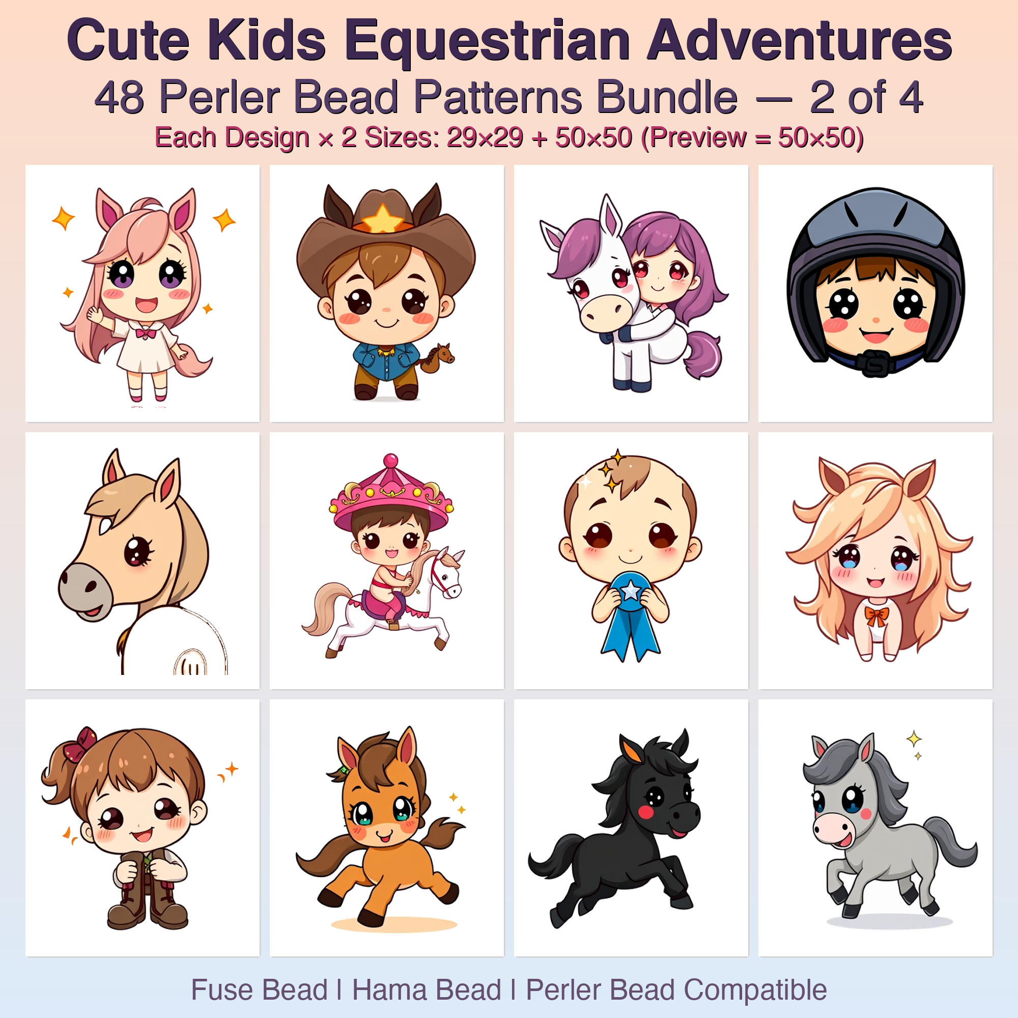 Cute Kids Equestrian Adventures Perler Bead Patterns Bundle, 48 Designs (PDF Digital Download)