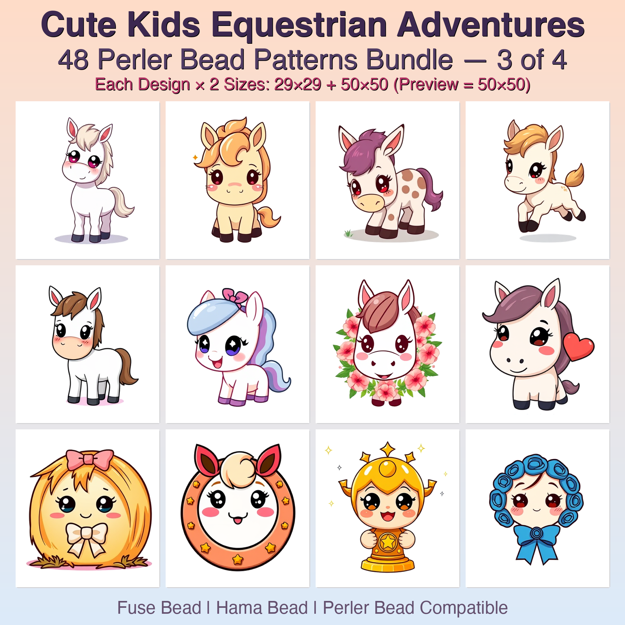 Cute Kids Equestrian Adventures Perler Bead Patterns Bundle, 48 Designs (PDF Digital Download)