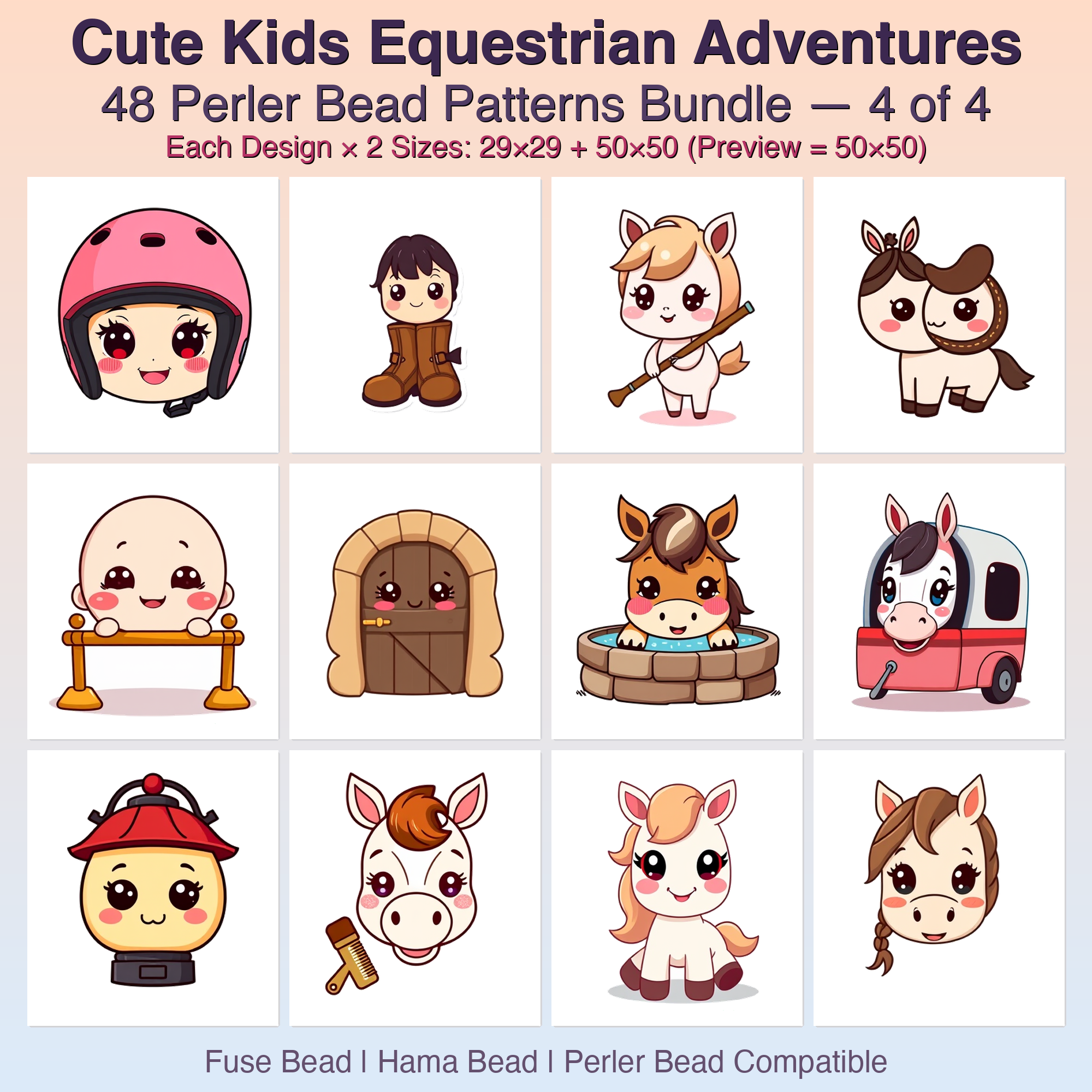 Cute Kids Equestrian Adventures Perler Bead Patterns Bundle, 48 Designs (PDF Digital Download)
