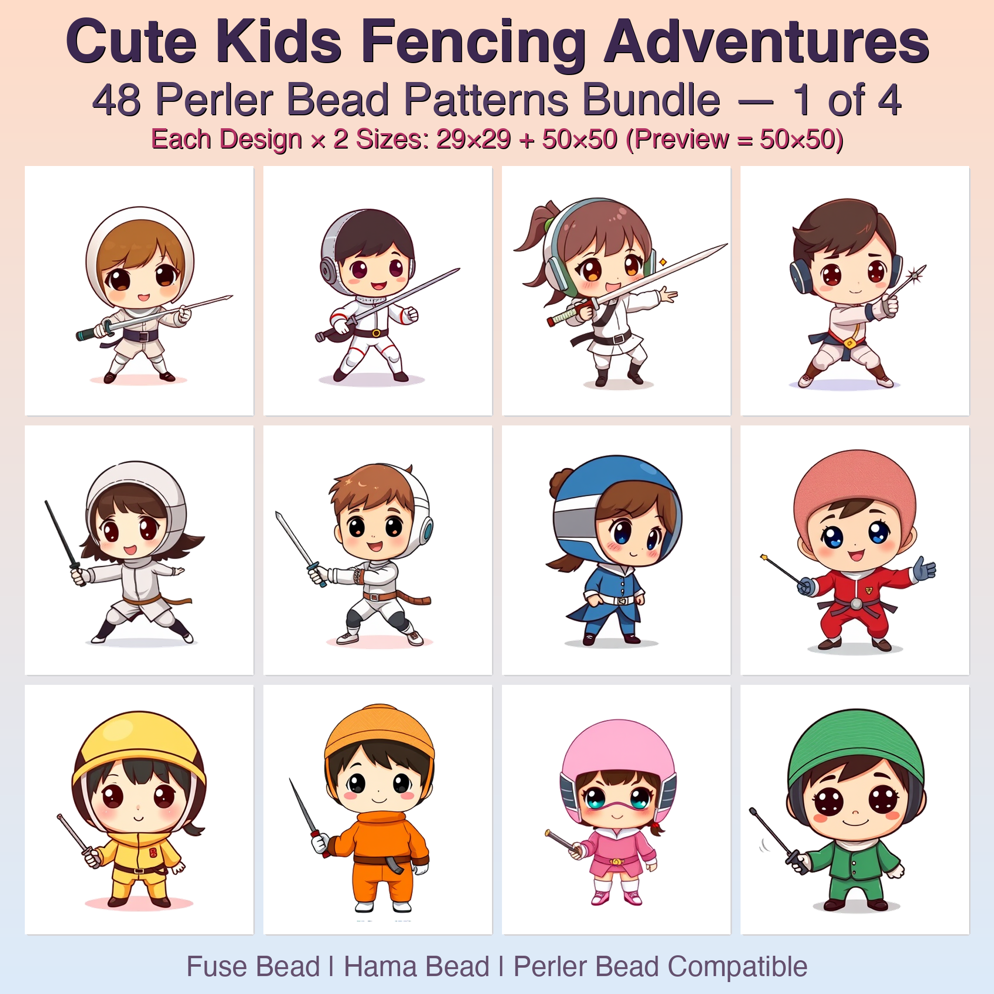 Cute Kids Fencing Adventures Perler Bead Patterns Bundle, 48 Designs (PDF Digital Download)