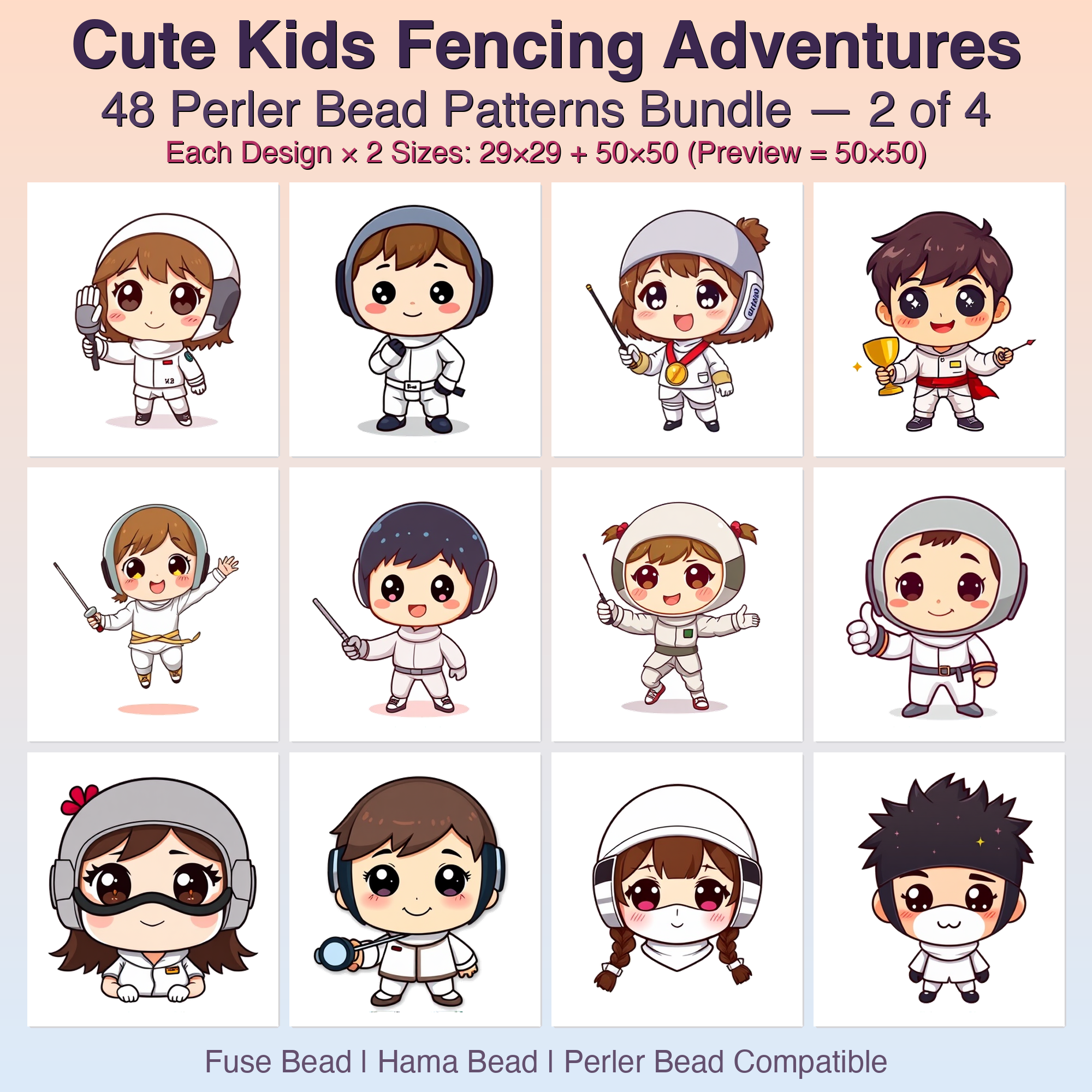 Cute Kids Fencing Adventures Perler Bead Patterns Bundle, 48 Designs (PDF Digital Download)