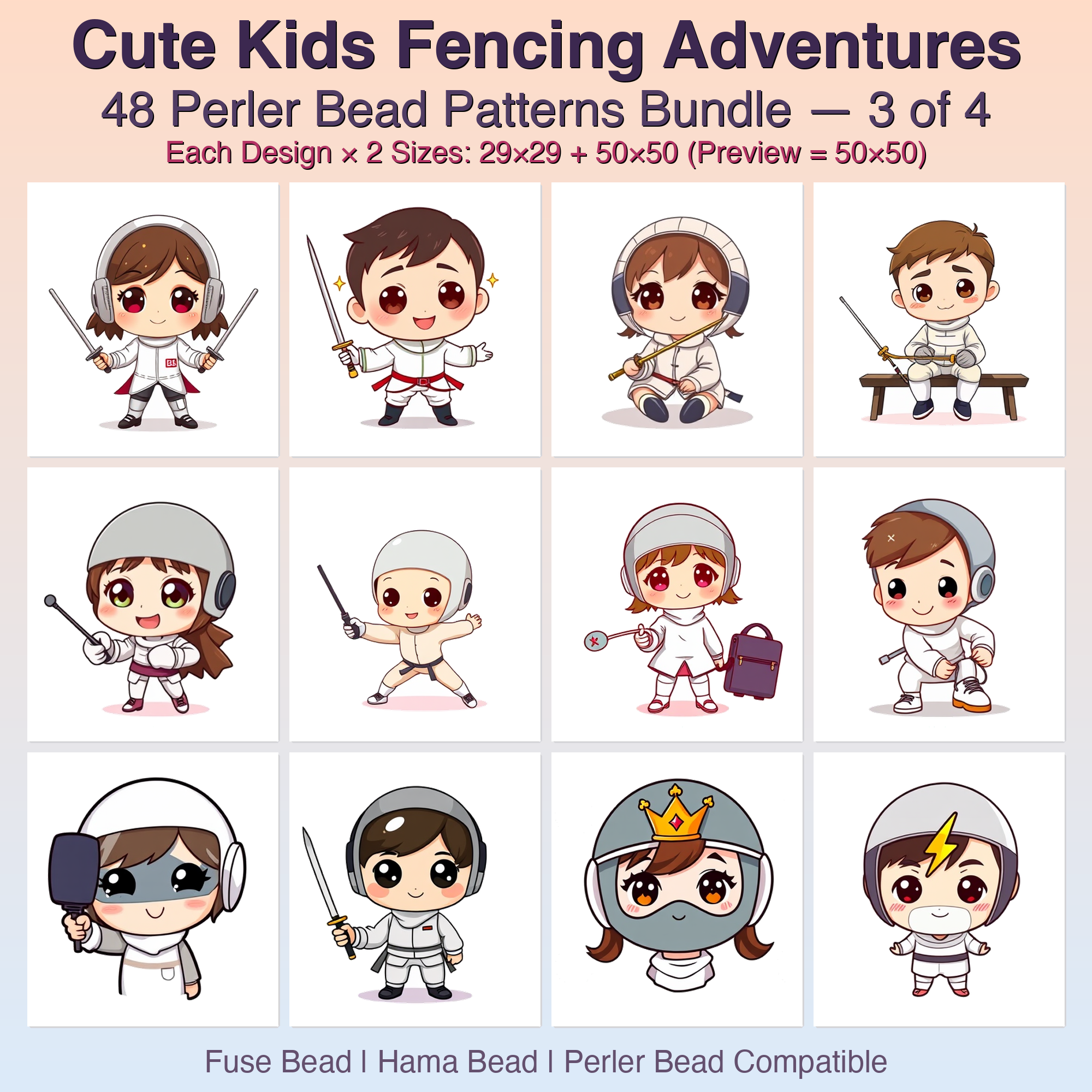 Cute Kids Fencing Adventures Perler Bead Patterns Bundle, 48 Designs (PDF Digital Download)