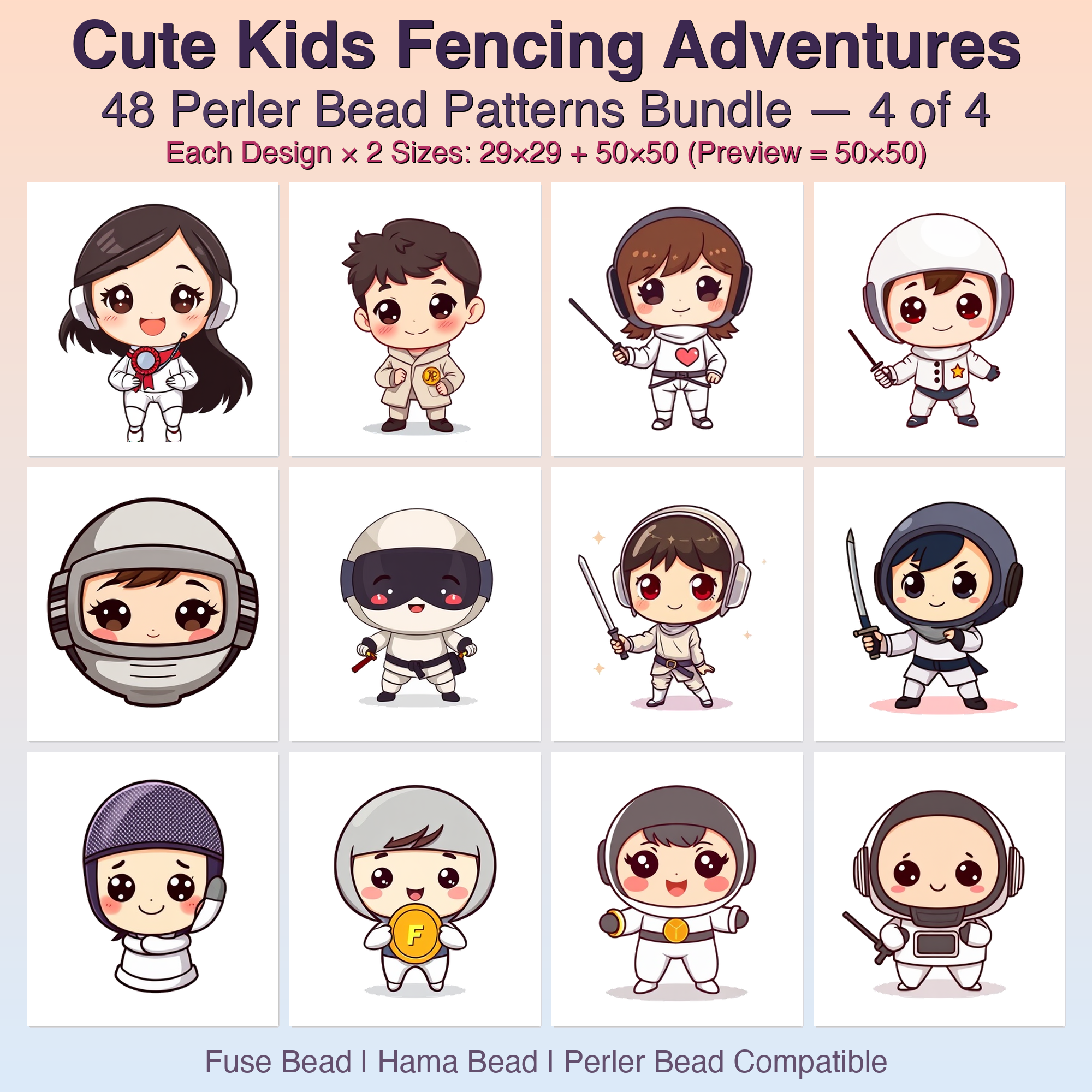 Cute Kids Fencing Adventures Perler Bead Patterns Bundle, 48 Designs (PDF Digital Download)