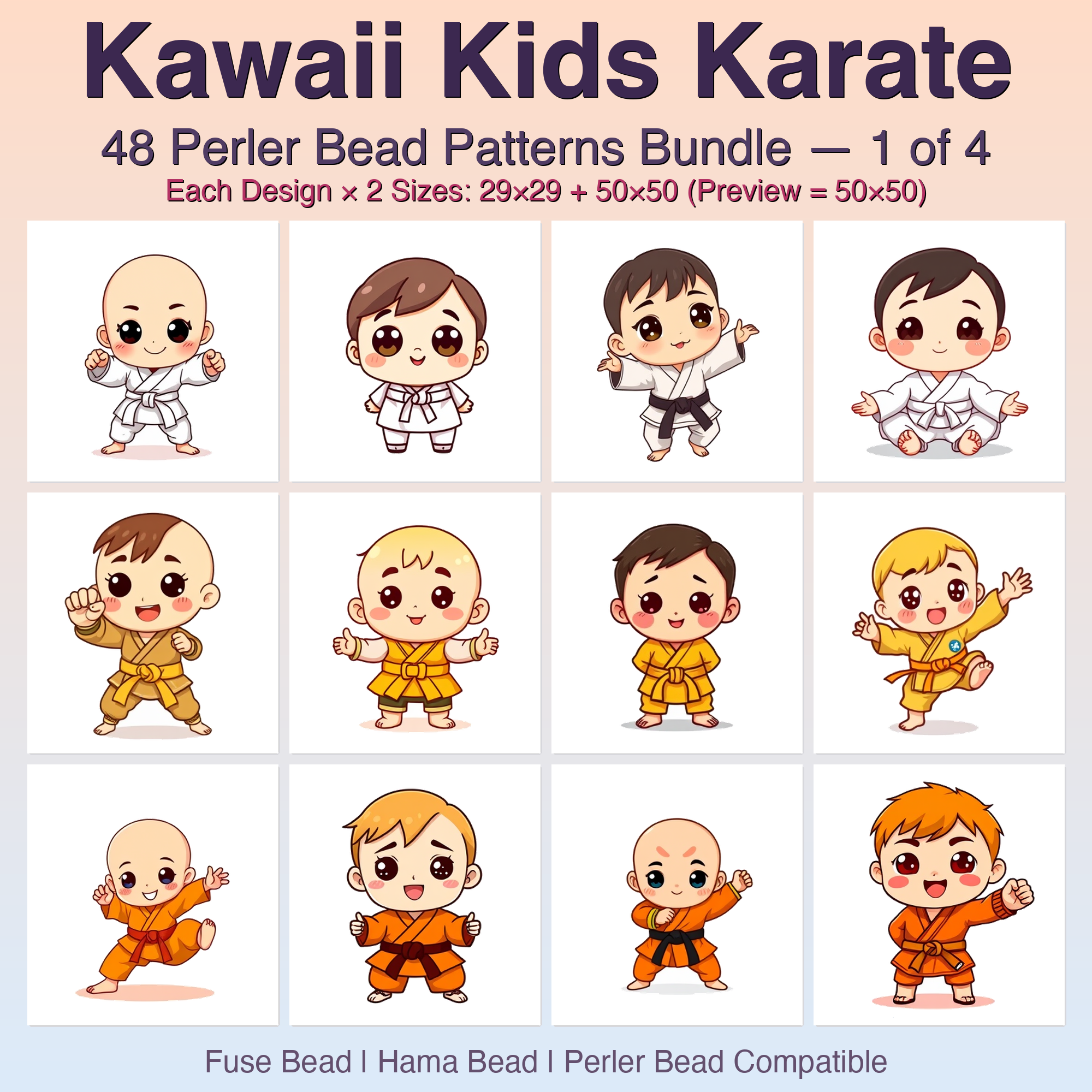 Kawaii Kids Karate Perler Bead Patterns Bundle, 48 Designs (PDF Digital Download)