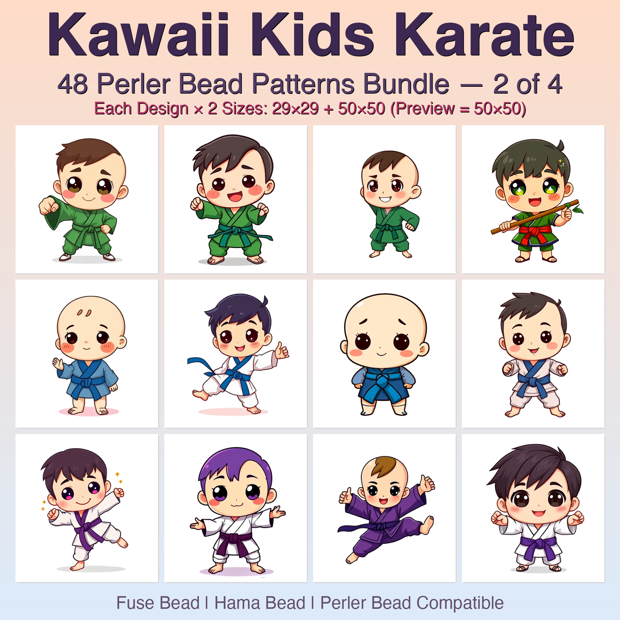 Kawaii Kids Karate Perler Bead Patterns Bundle, 48 Designs (PDF Digital Download)