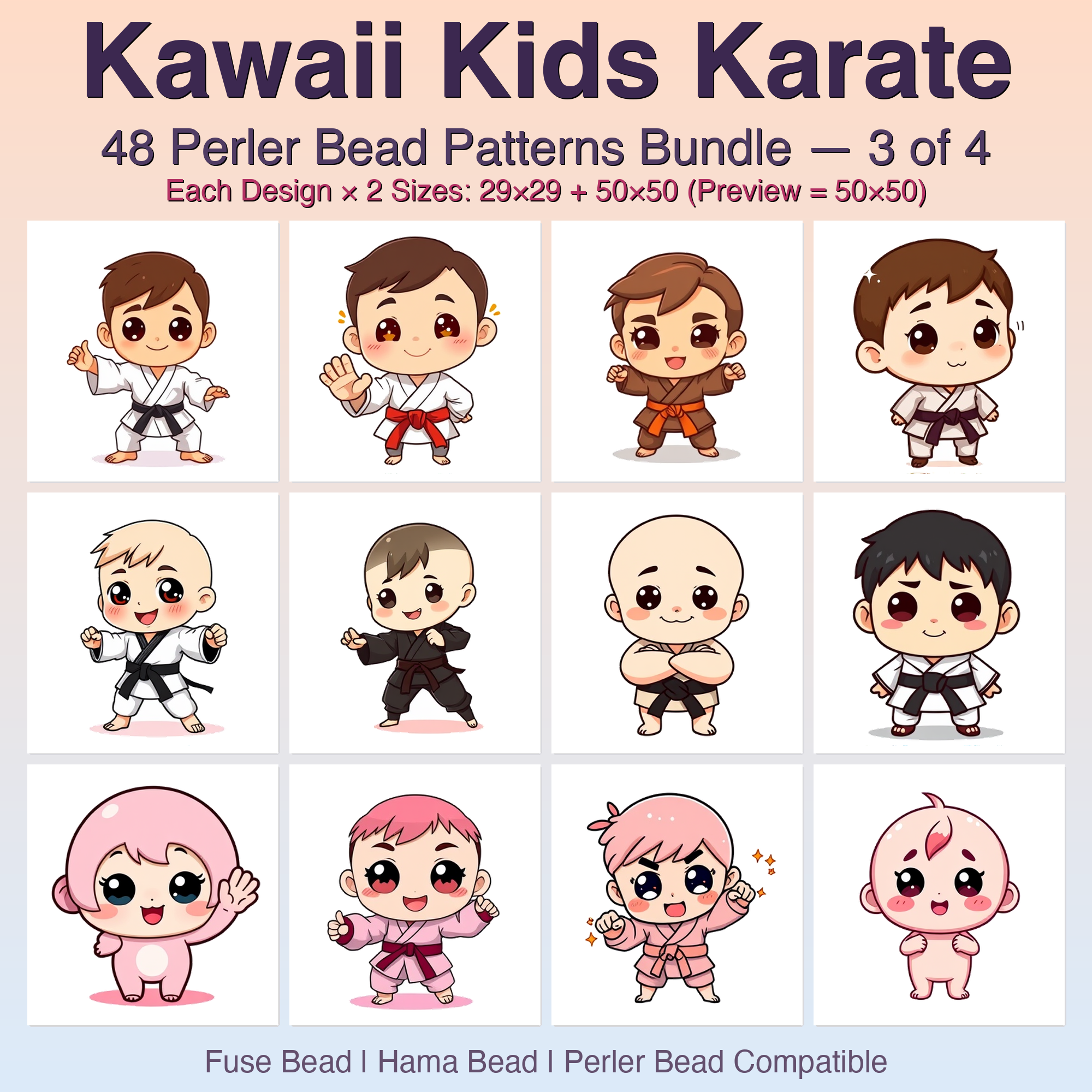 Kawaii Kids Karate Perler Bead Patterns Bundle, 48 Designs (PDF Digital Download)