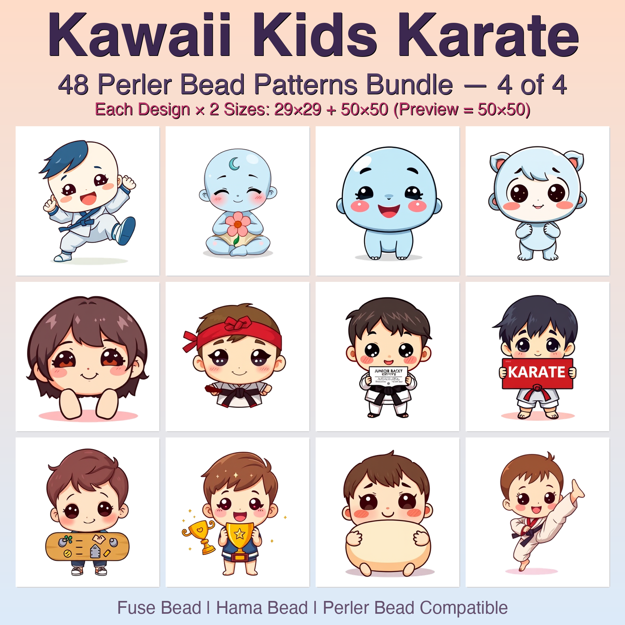 Kawaii Kids Karate Perler Bead Patterns Bundle, 48 Designs (PDF Digital Download)
