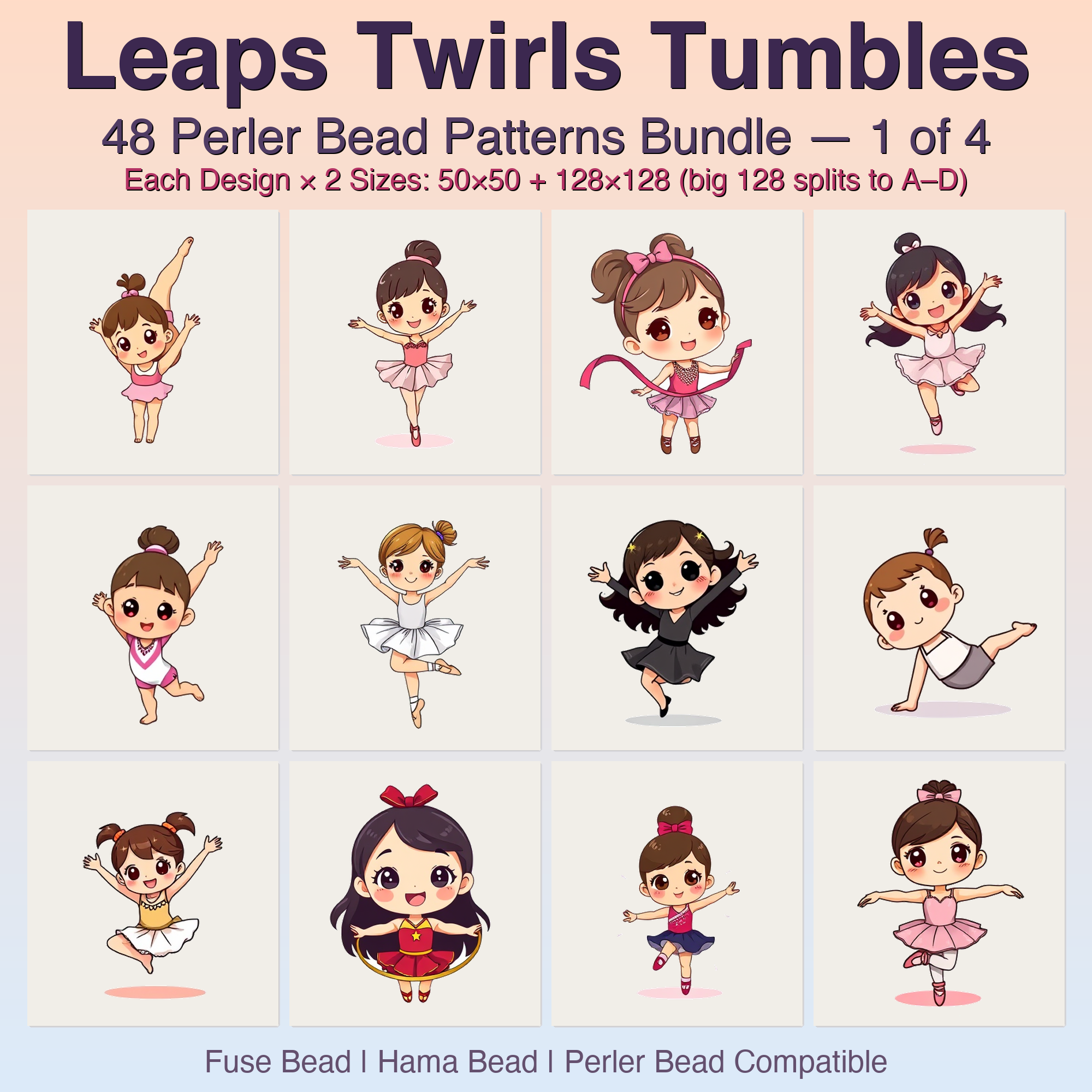 Leaps Twirls Tumbles Perler Bead Patterns, 48 Designs x 2 Grid Sizes (50x50 + 128x128), Fuse Bead PDF Digital Download
