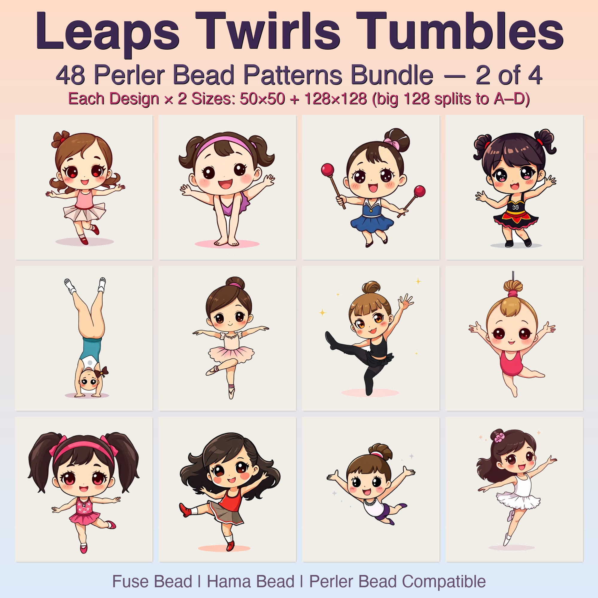 Leaps Twirls Tumbles Perler Bead Patterns, 48 Designs x 2 Grid Sizes (50x50 + 128x128), Fuse Bead PDF Digital Download
