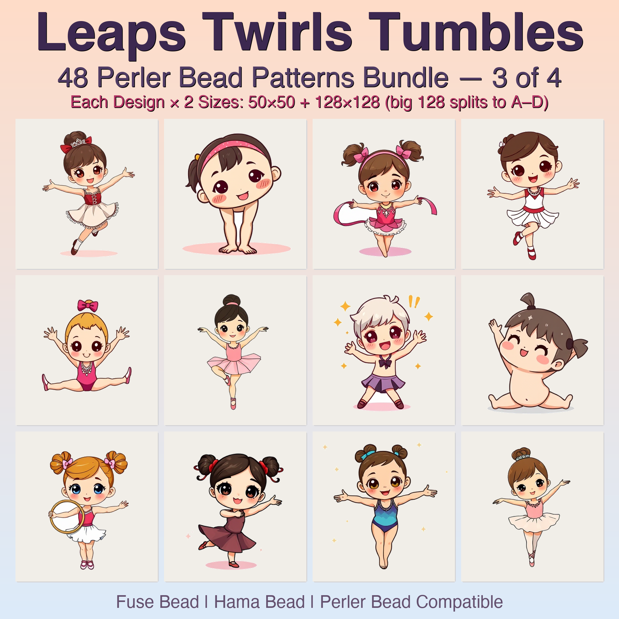 Leaps Twirls Tumbles Perler Bead Patterns, 48 Designs x 2 Grid Sizes (50x50 + 128x128), Fuse Bead PDF Digital Download