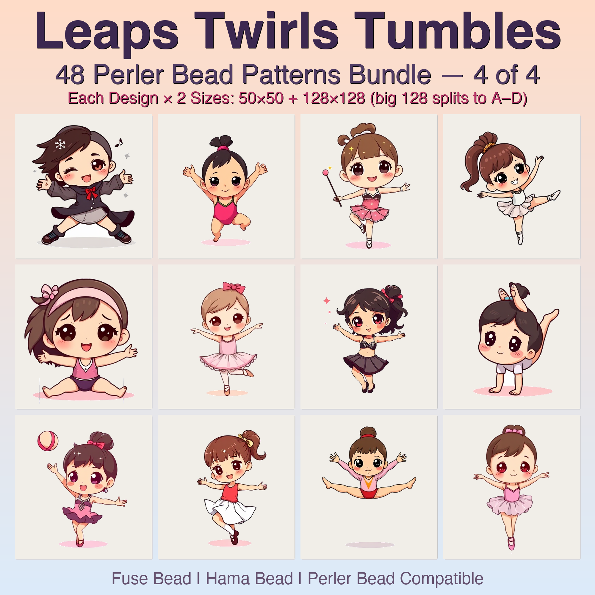 Leaps Twirls Tumbles Perler Bead Patterns, 48 Designs x 2 Grid Sizes (50x50 + 128x128), Fuse Bead PDF Digital Download