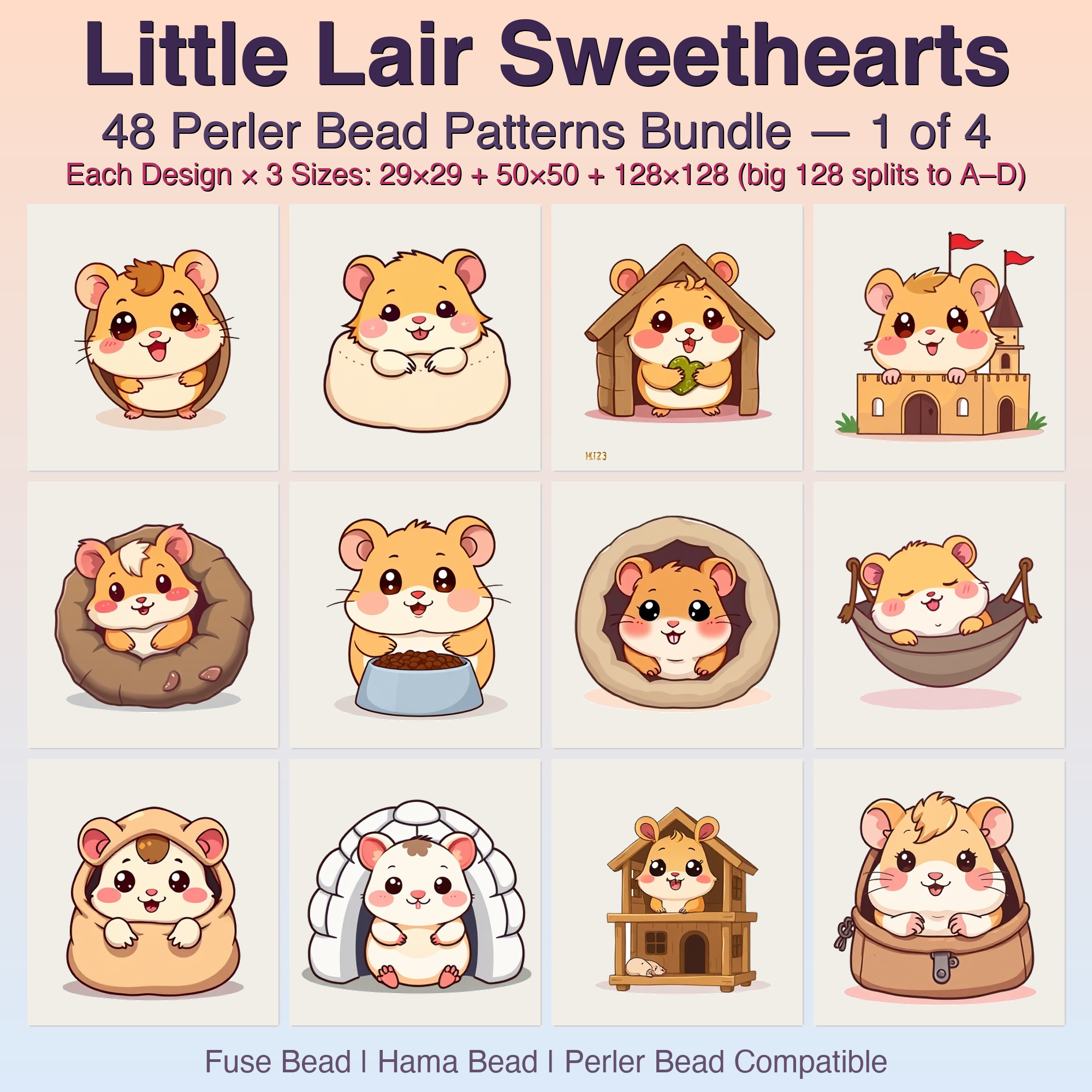 Little Lair Sweethearts Perler Bead Patterns, 48 Designs x 3 Grid Sizes (29x29 + 50x50 + 128x128), Fuse Bead PDF Digital Download