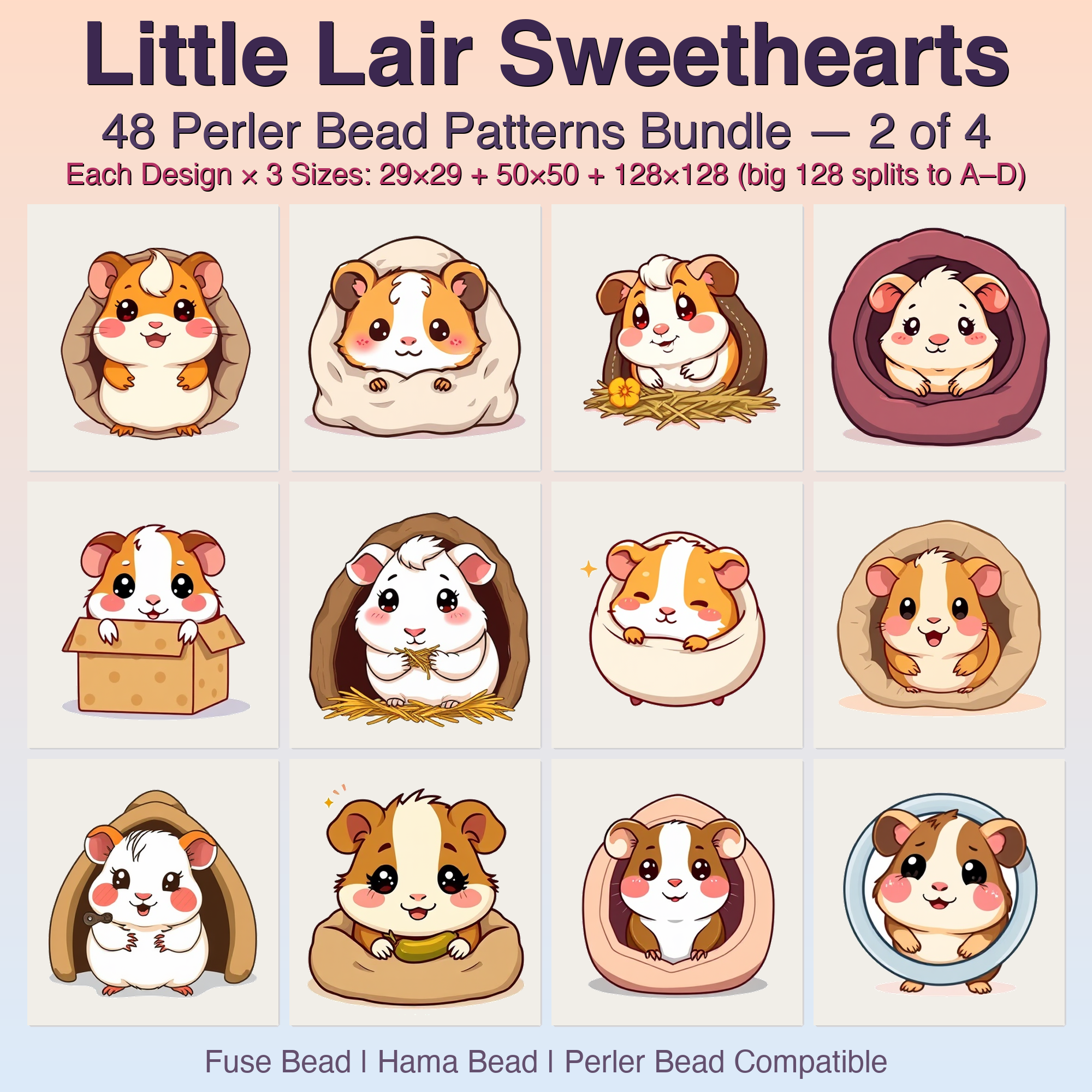 Little Lair Sweethearts Perler Bead Patterns, 48 Designs x 3 Grid Sizes (29x29 + 50x50 + 128x128), Fuse Bead PDF Digital Download