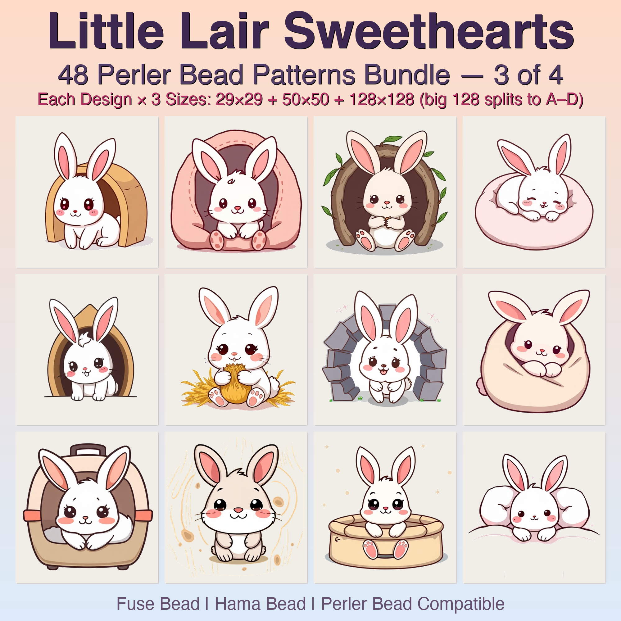 Little Lair Sweethearts Perler Bead Patterns, 48 Designs x 3 Grid Sizes (29x29 + 50x50 + 128x128), Fuse Bead PDF Digital Download