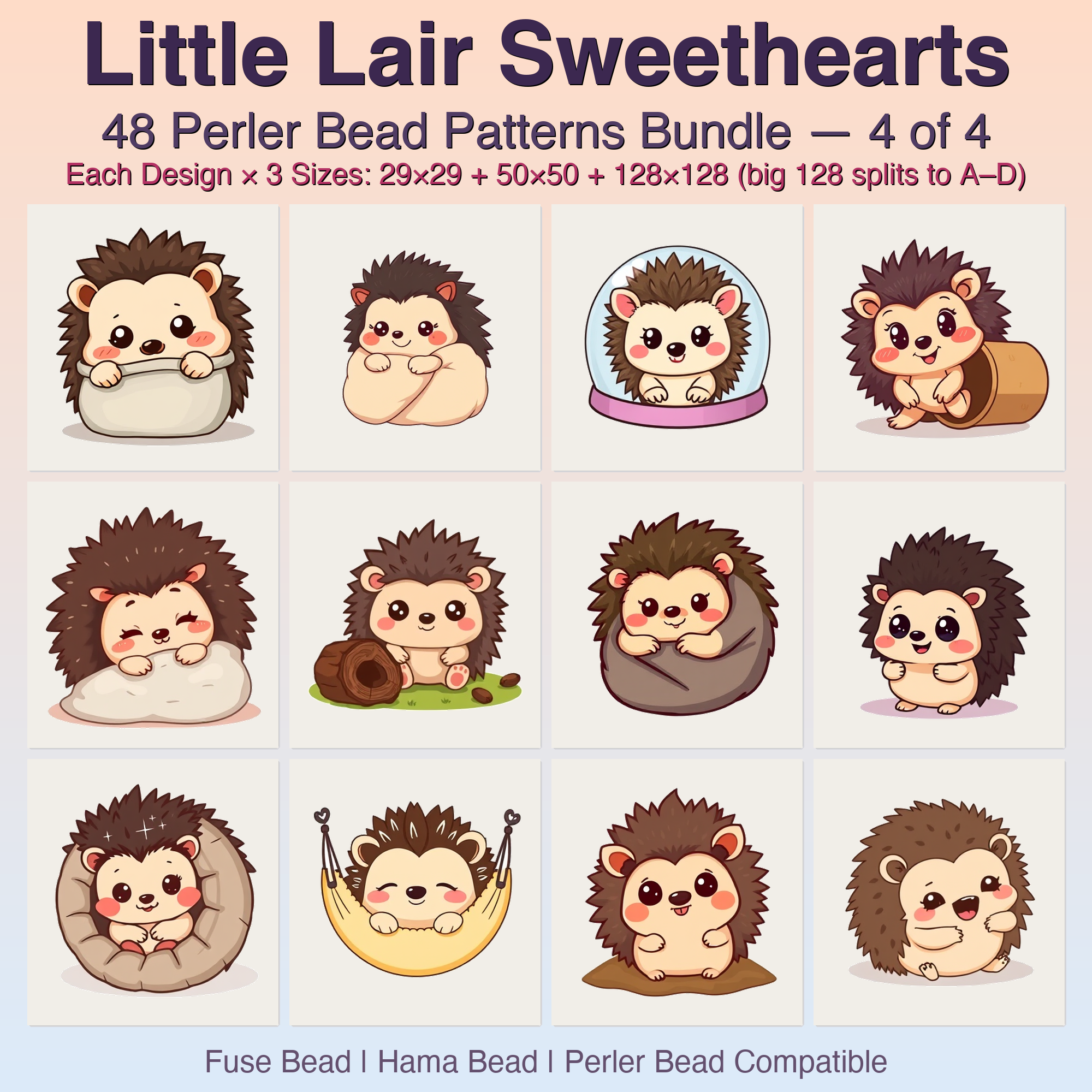 Little Lair Sweethearts Perler Bead Patterns, 48 Designs x 3 Grid Sizes (29x29 + 50x50 + 128x128), Fuse Bead PDF Digital Download