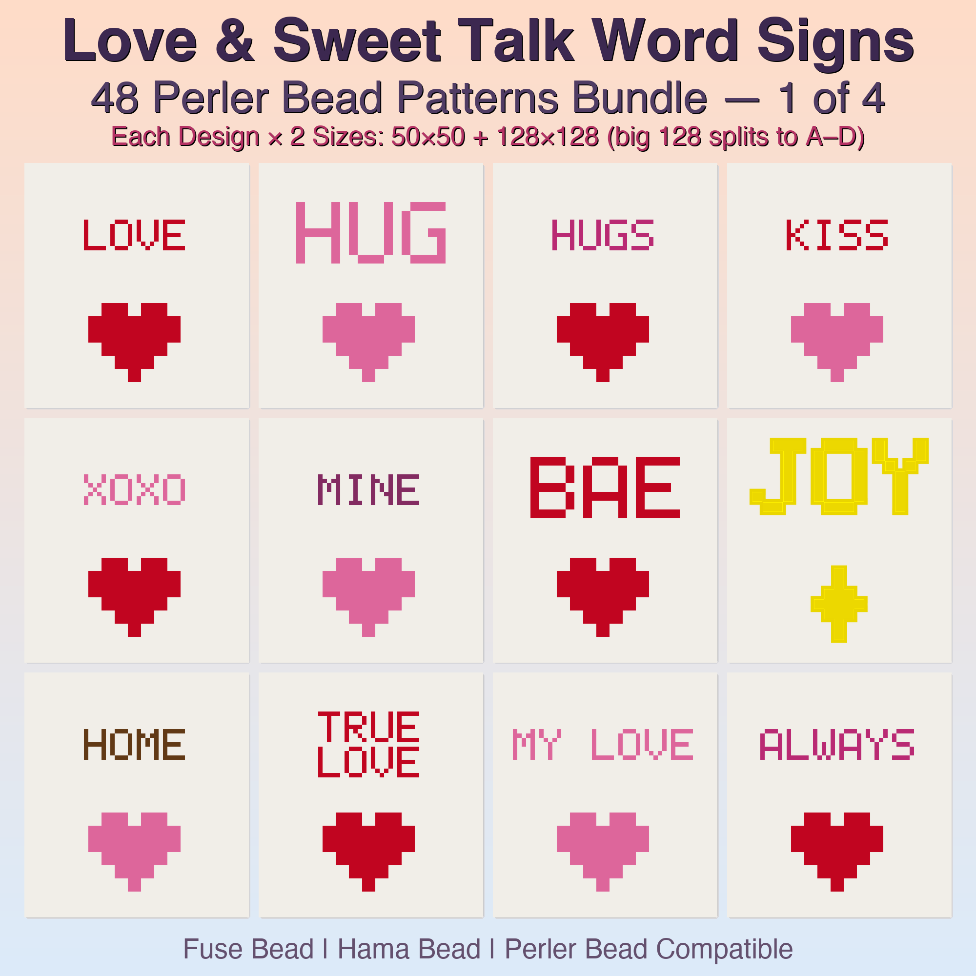 Love & Sweet Talk Word Signs Perler Bead Patterns, 48 Designs x 2 Grid Sizes (50x50 + 128x128), Fuse Bead PDF Digital Download