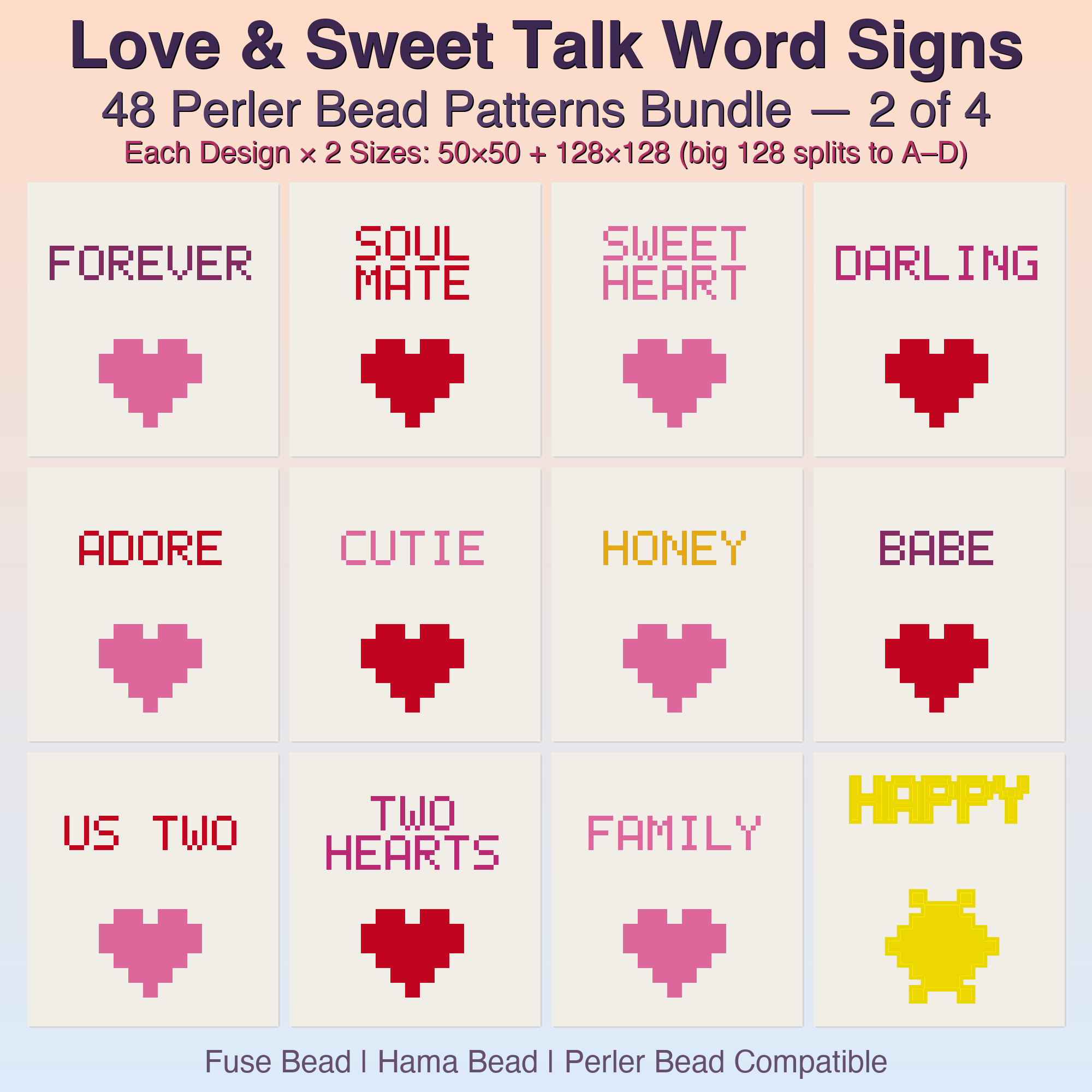 Love & Sweet Talk Word Signs Perler Bead Patterns, 48 Designs x 2 Grid Sizes (50x50 + 128x128), Fuse Bead PDF Digital Download