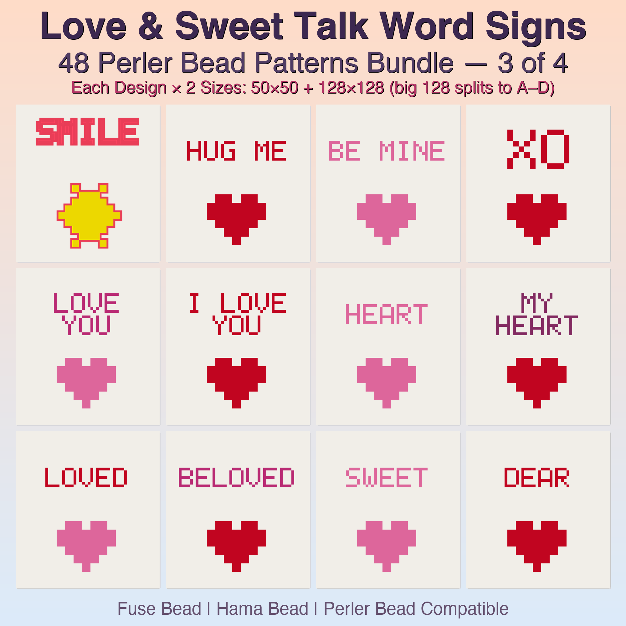 Love & Sweet Talk Word Signs Perler Bead Patterns, 48 Designs x 2 Grid Sizes (50x50 + 128x128), Fuse Bead PDF Digital Download