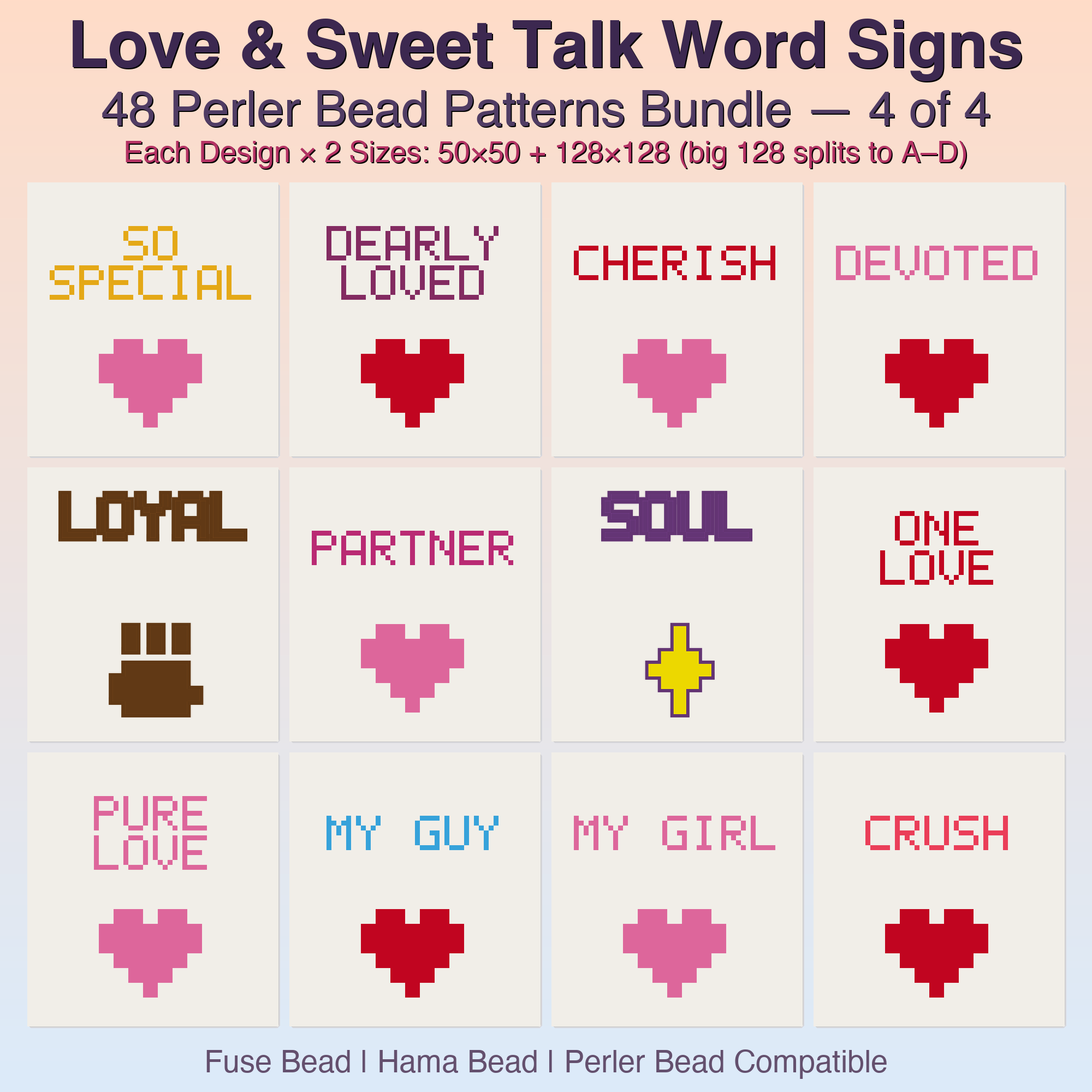 Love & Sweet Talk Word Signs Perler Bead Patterns, 48 Designs x 2 Grid Sizes (50x50 + 128x128), Fuse Bead PDF Digital Download