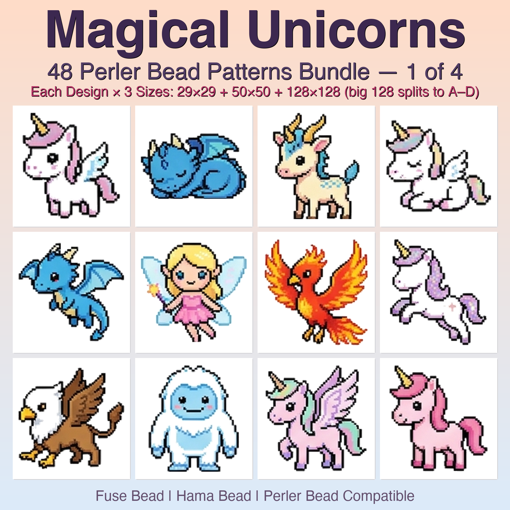 Magical Unicorns Perler Bead Patterns, 48 Designs x 3 Grid Sizes (29x29 + 50x50 + 128x128), Fuse Bead PDF Digital Download