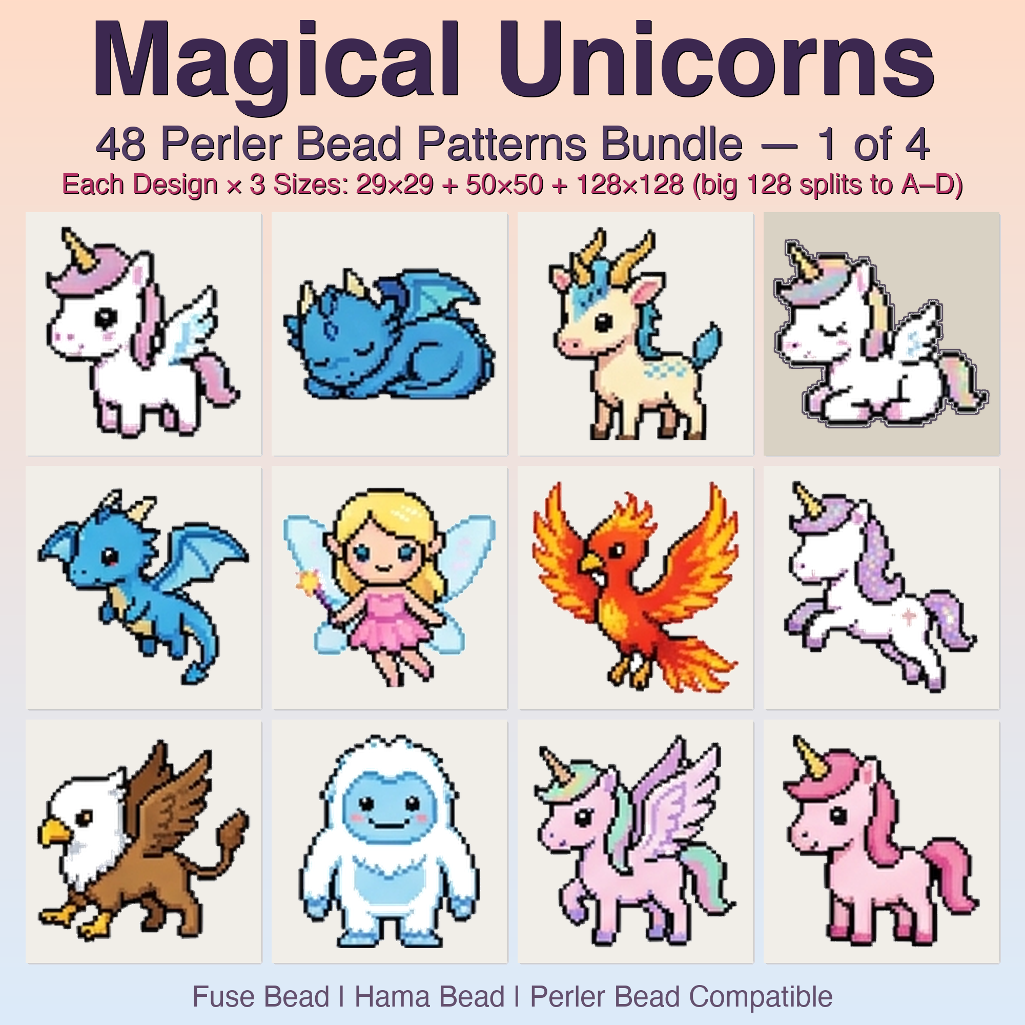 Magical Unicorns Perler Bead Patterns, 48 Designs x 3 Grid Sizes (29x29 + 50x50 + 128x128), Fuse Bead PDF Digital Download