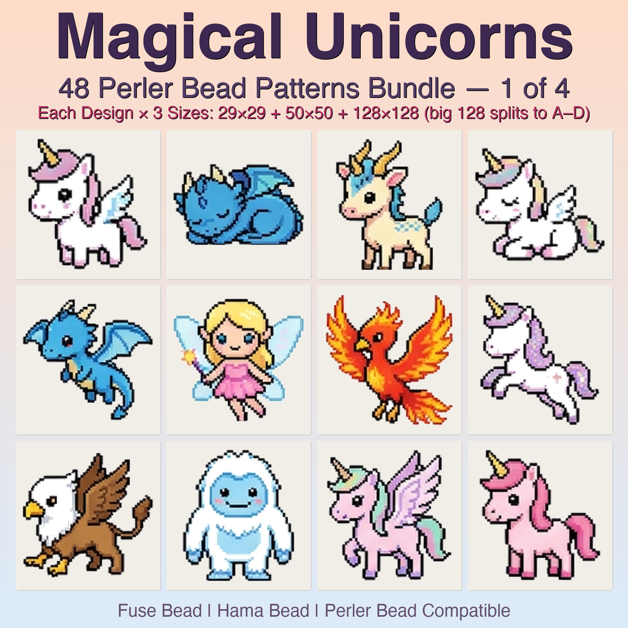 Magical Unicorns Perler Bead Patterns, 48 Designs x 3 Grid Sizes (29x29 + 50x50 + 128x128), Fuse Bead PDF Digital Download