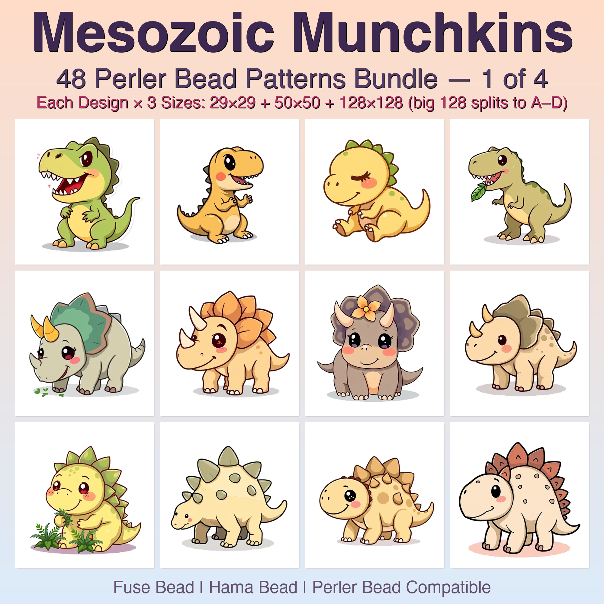 Mesozoic Munchkins Perler Bead Patterns Bundle, 48 Designs (PDF Digital Download)
