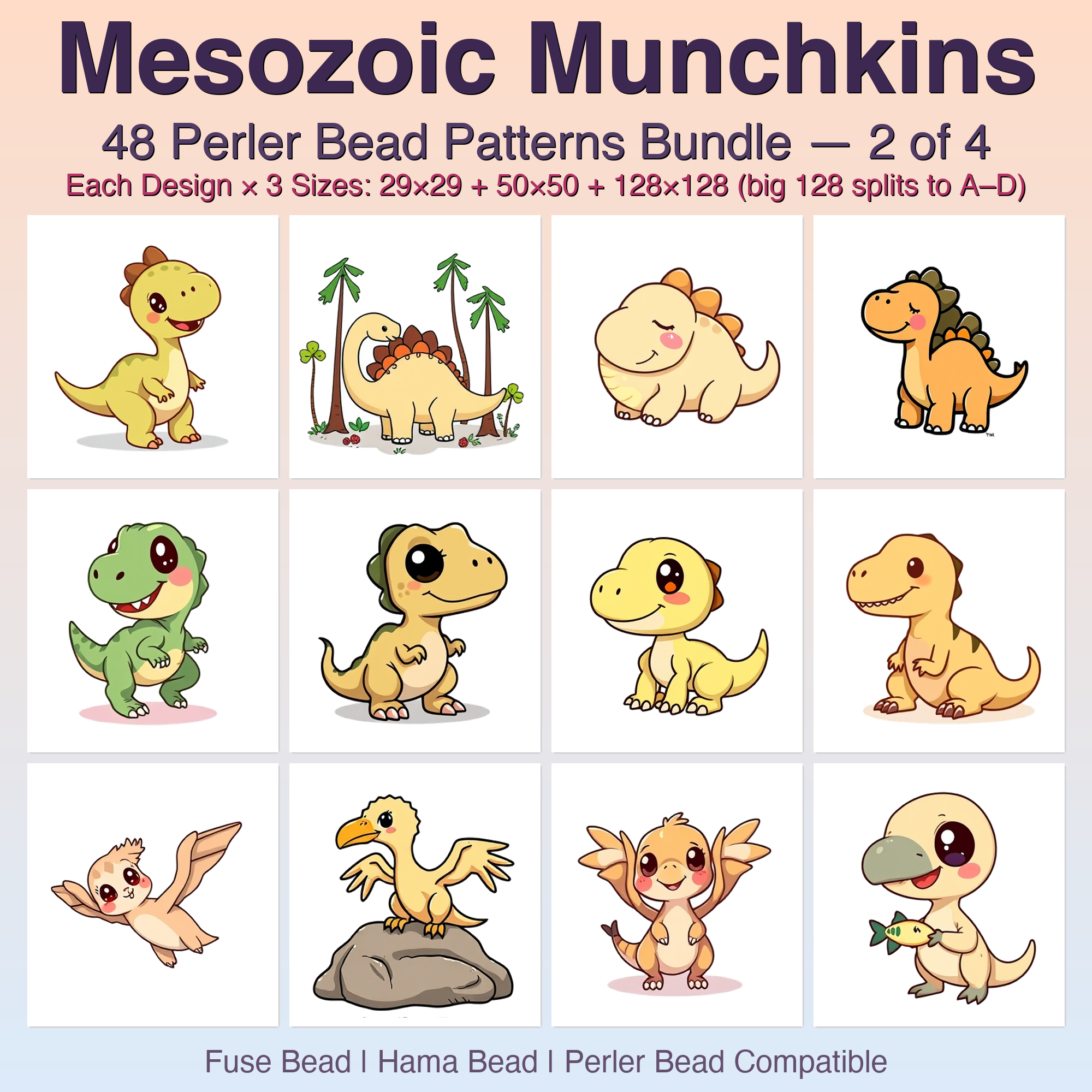 Mesozoic Munchkins Perler Bead Patterns Bundle, 48 Designs (PDF Digital Download)