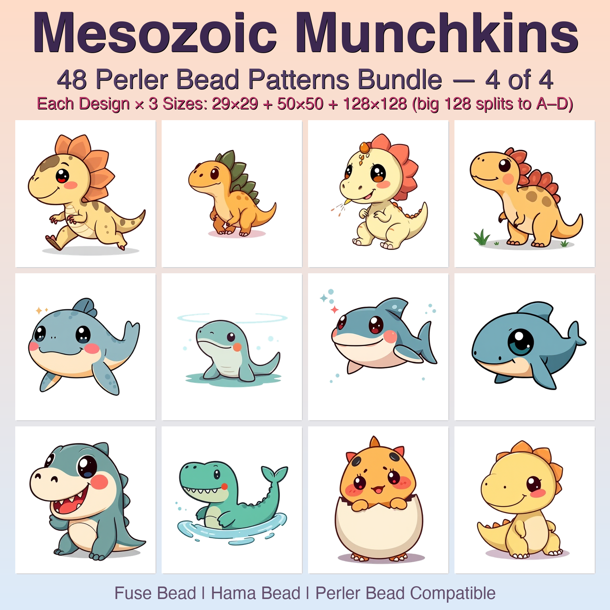 Mesozoic Munchkins Perler Bead Patterns Bundle, 48 Designs (PDF Digital Download)
