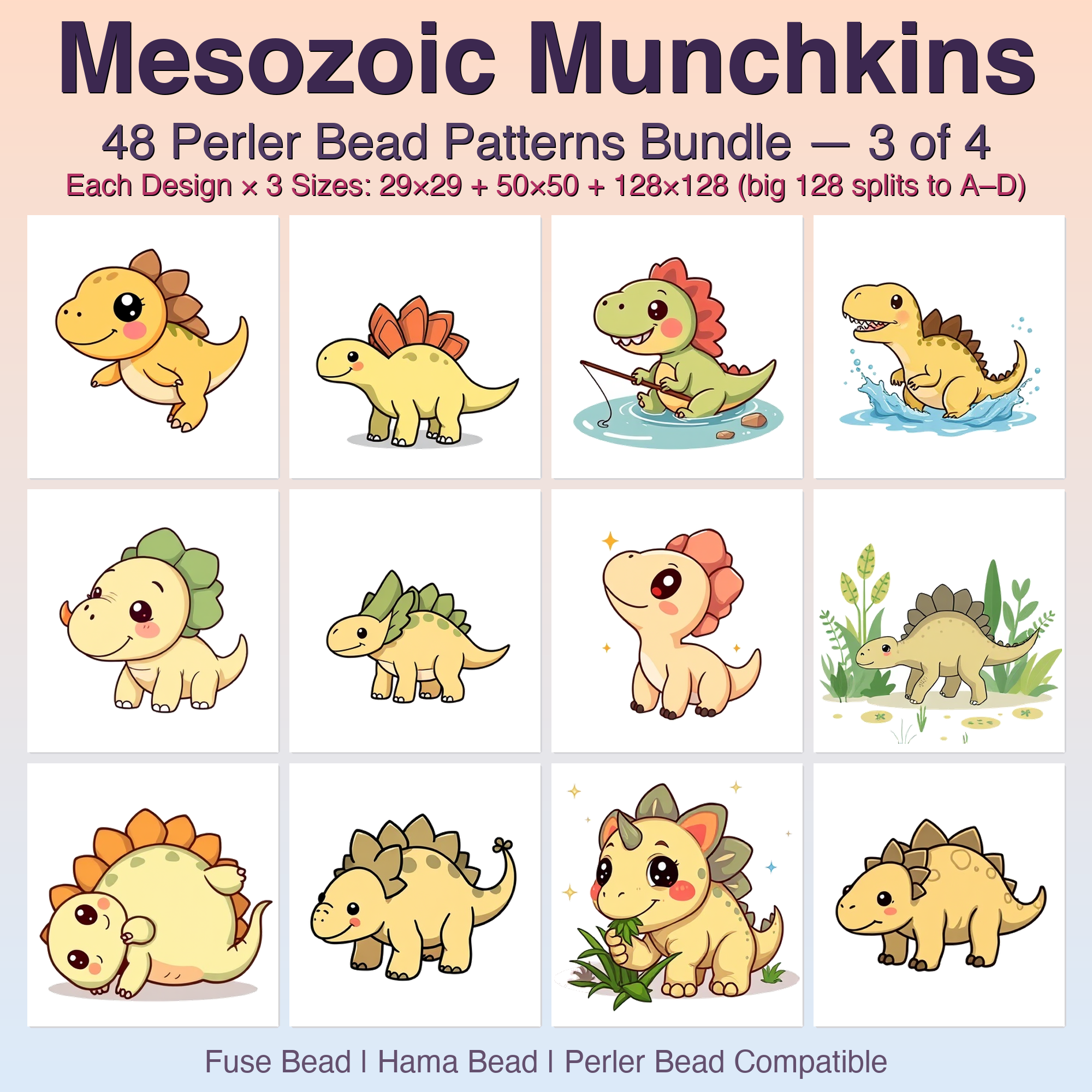 Mesozoic Munchkins Perler Bead Patterns Bundle, 48 Designs (PDF Digital Download)