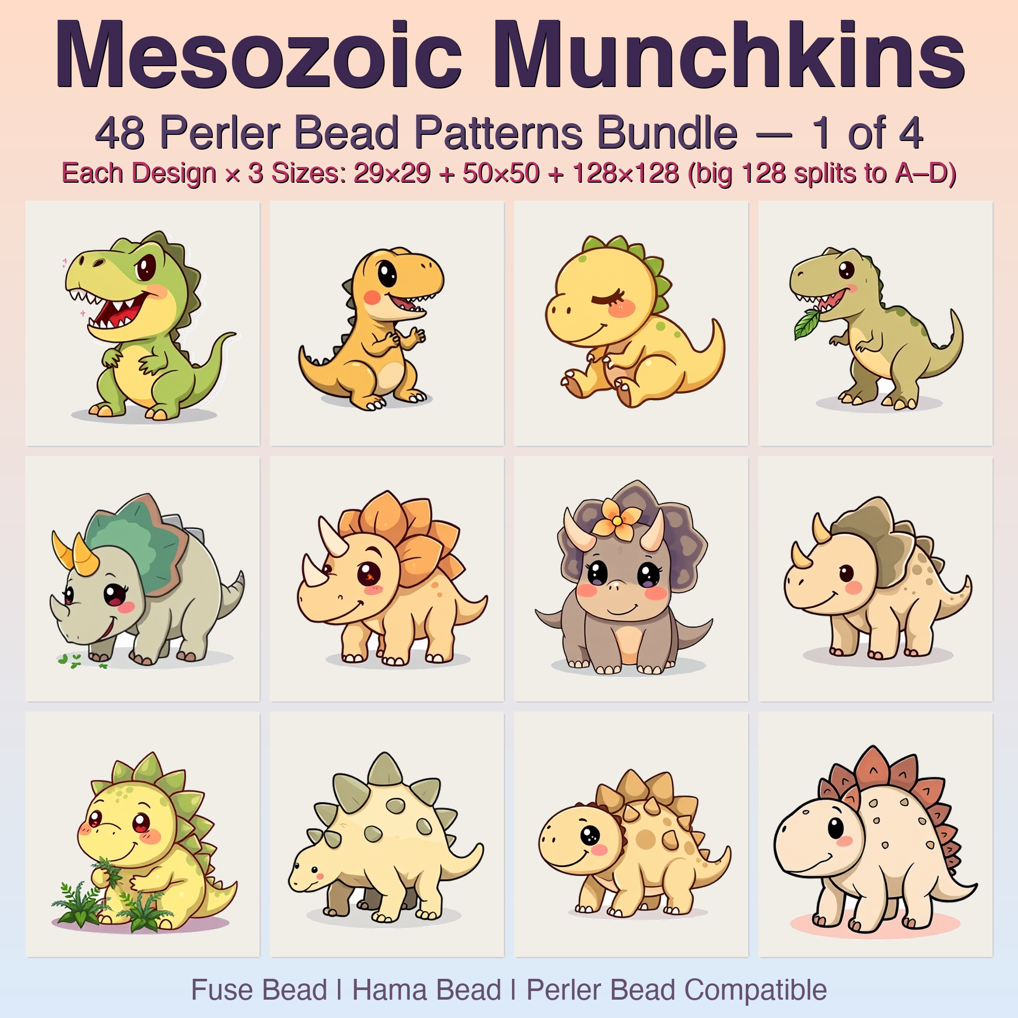 Mesozoic Munchkins Perler Bead Patterns Bundle, 48 Designs (PDF Digital Download)