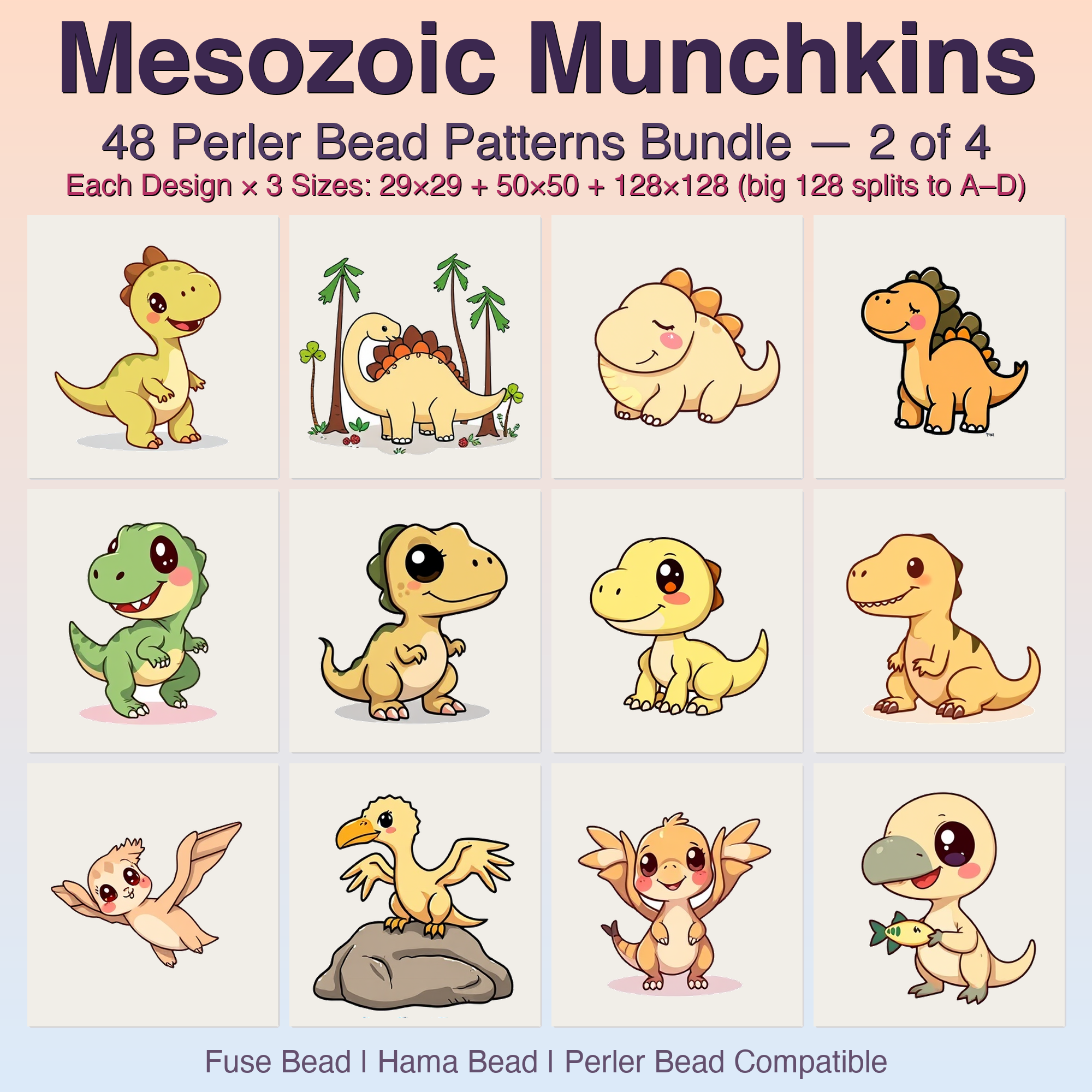 Mesozoic Munchkins Perler Bead Patterns Bundle, 48 Designs (PDF Digital Download)