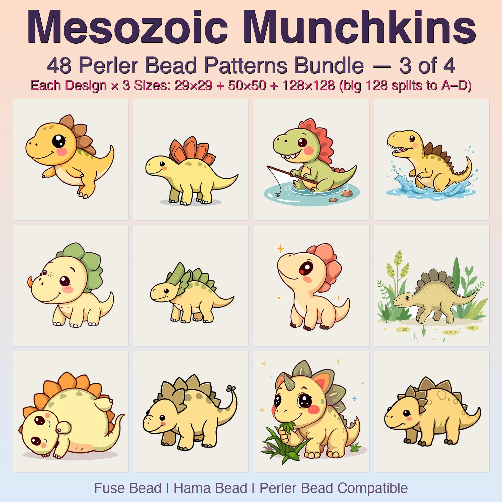 Mesozoic Munchkins Perler Bead Patterns Bundle, 48 Designs (PDF Digital Download)
