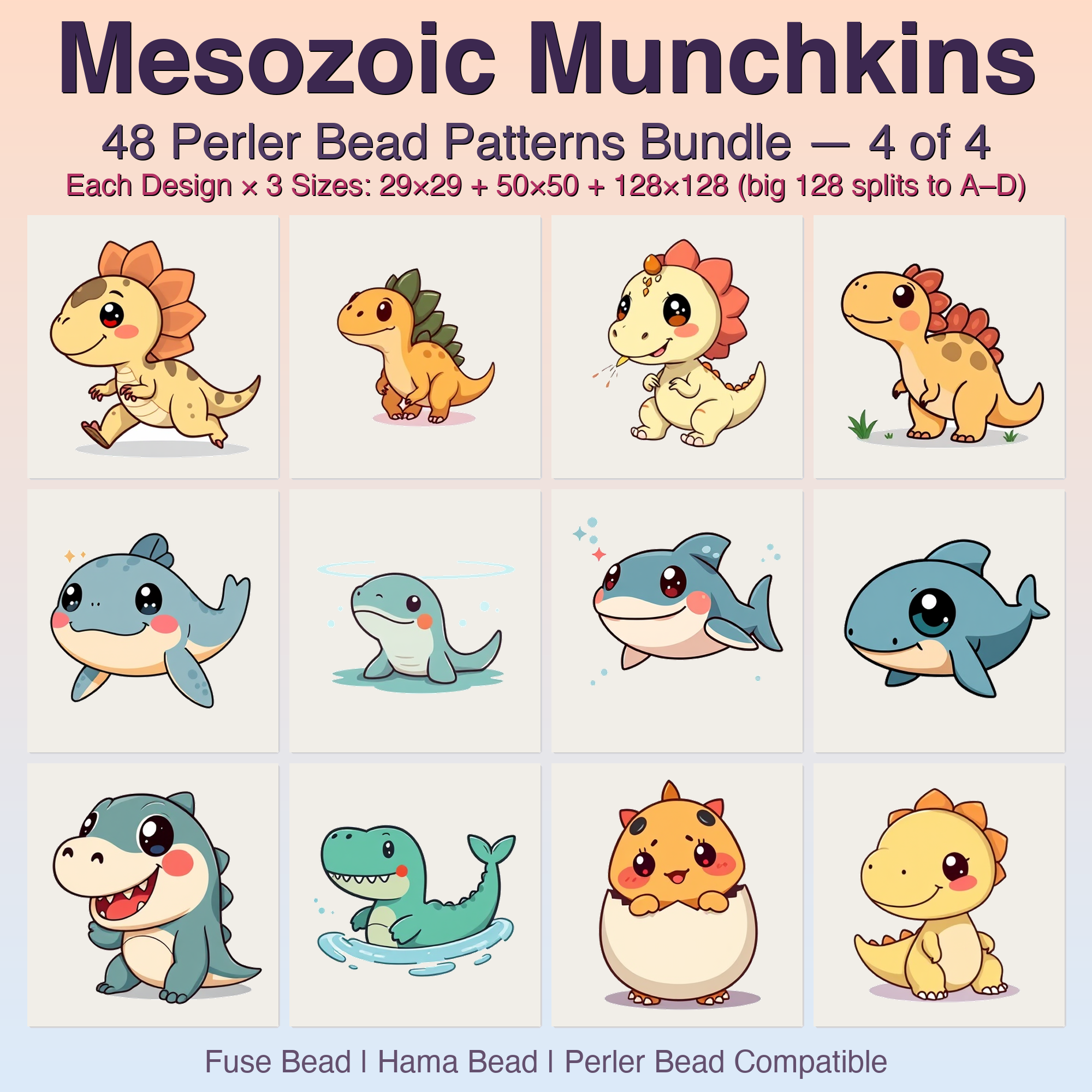 Mesozoic Munchkins Perler Bead Patterns Bundle, 48 Designs (PDF Digital Download)
