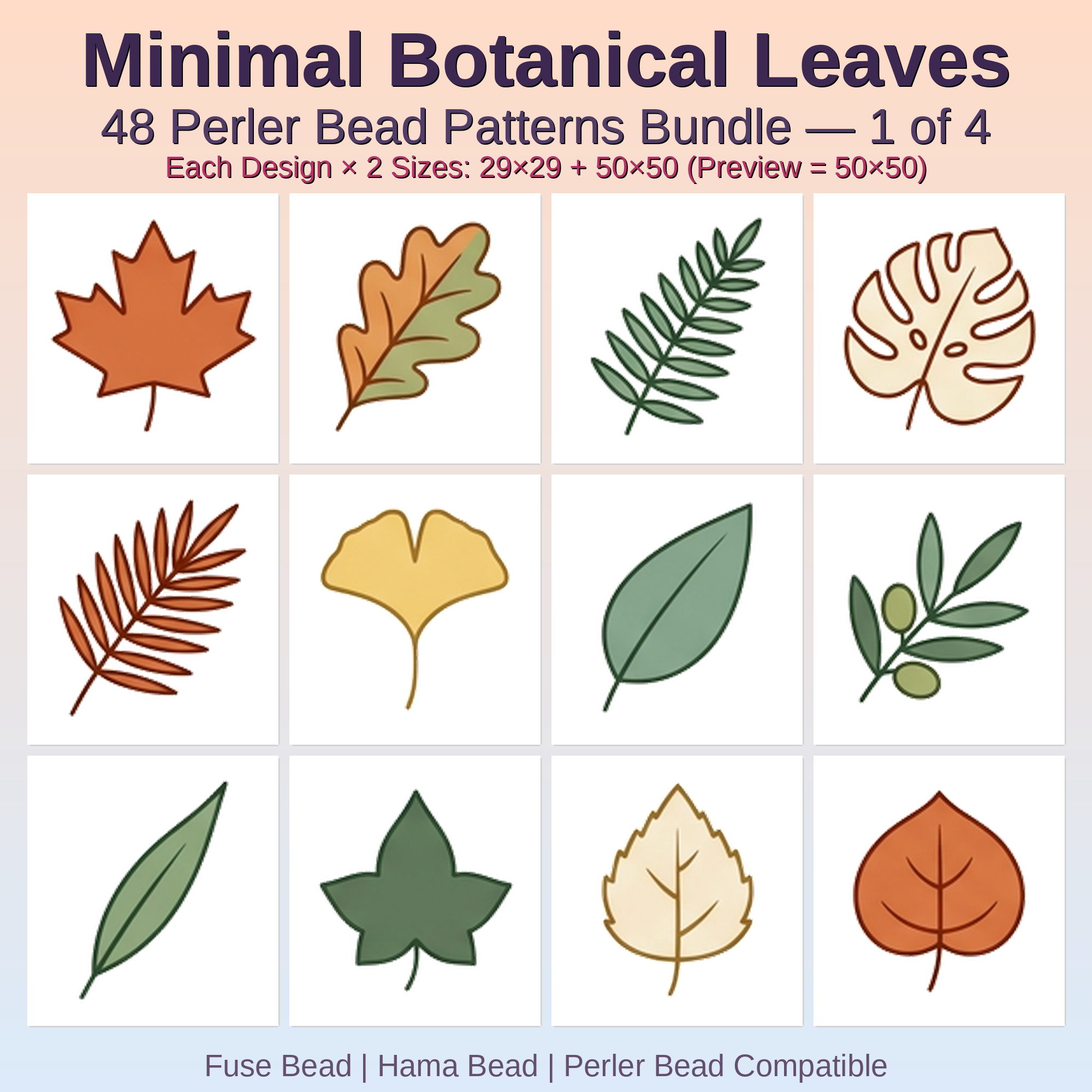 Minimal Botanical Leaves Perler Bead Patterns Bundle, 48 Designs (PDF Digital Download)