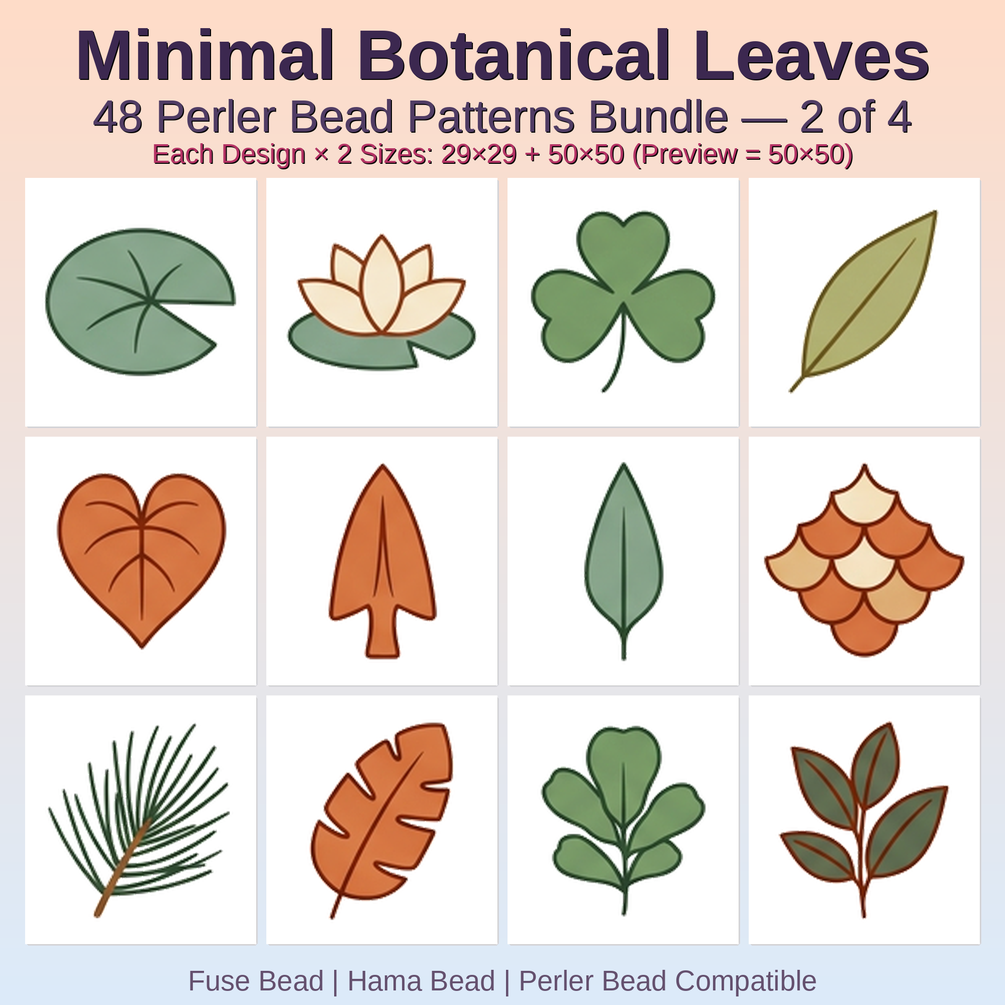 Minimal Botanical Leaves Perler Bead Patterns Bundle, 48 Designs (PDF Digital Download)