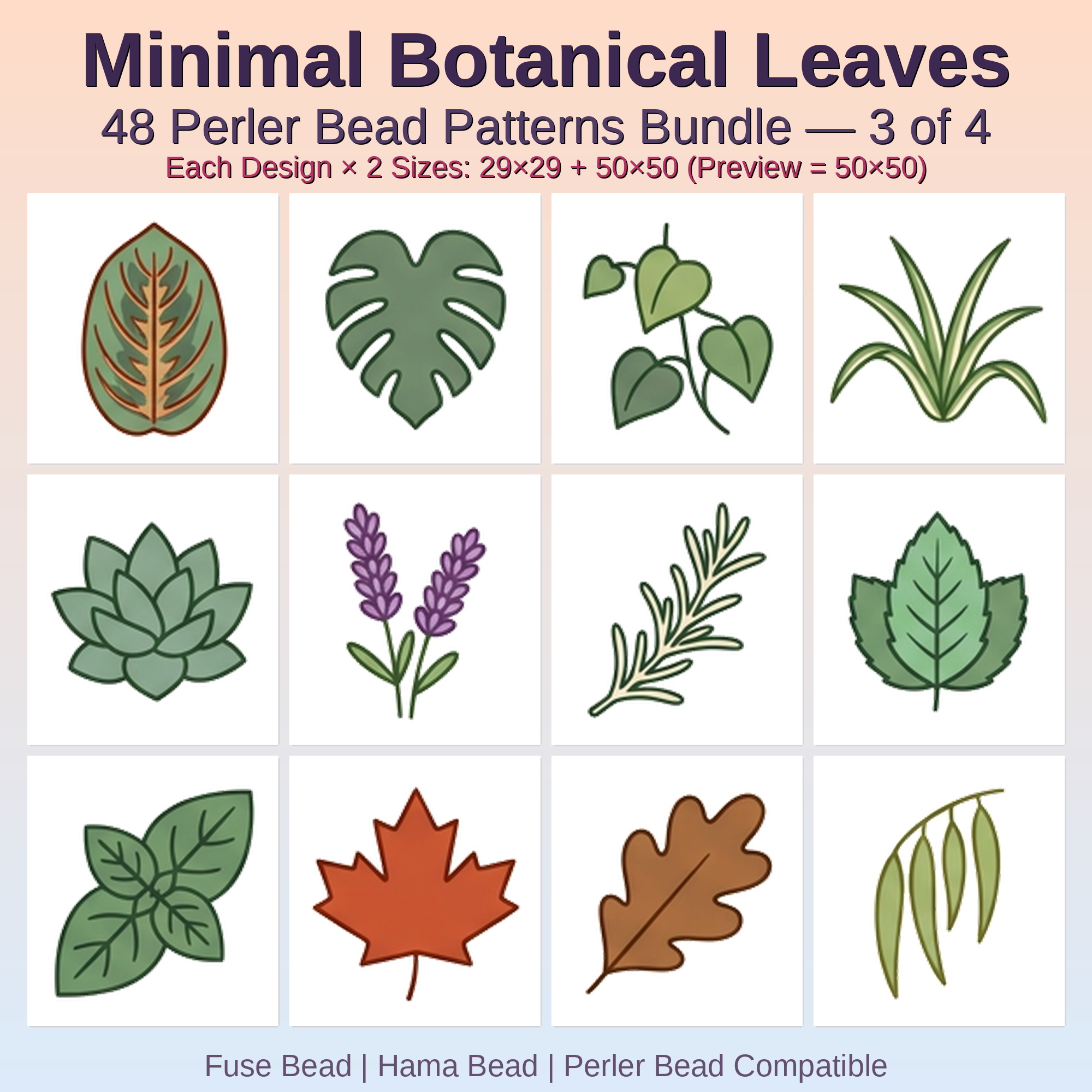 Minimal Botanical Leaves Perler Bead Patterns Bundle, 48 Designs (PDF Digital Download)