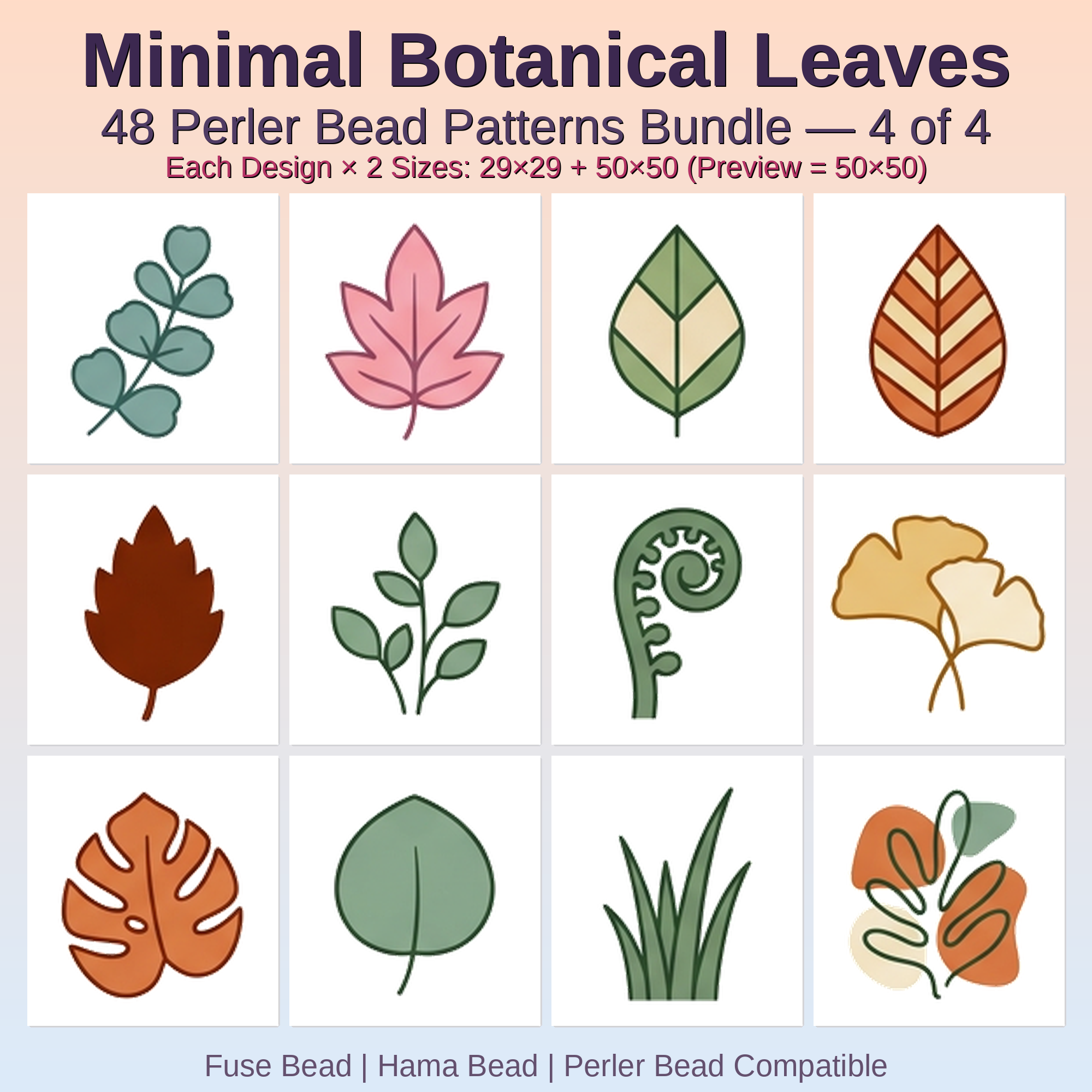 Minimal Botanical Leaves Perler Bead Patterns Bundle, 48 Designs (PDF Digital Download)