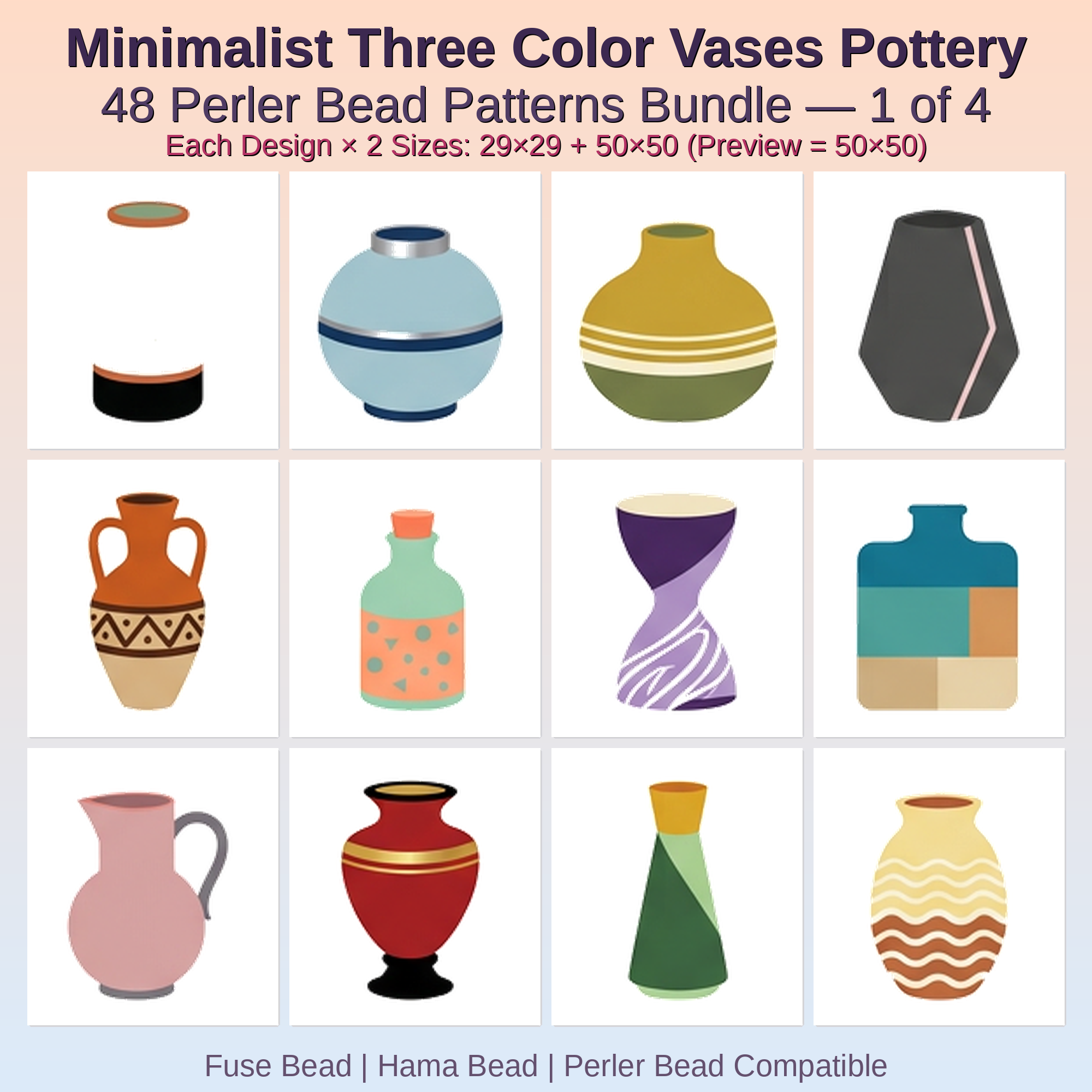 Minimalist Three Color Vases Pottery Perler Bead Patterns Bundle, 48 Designs (PDF Digital Download)