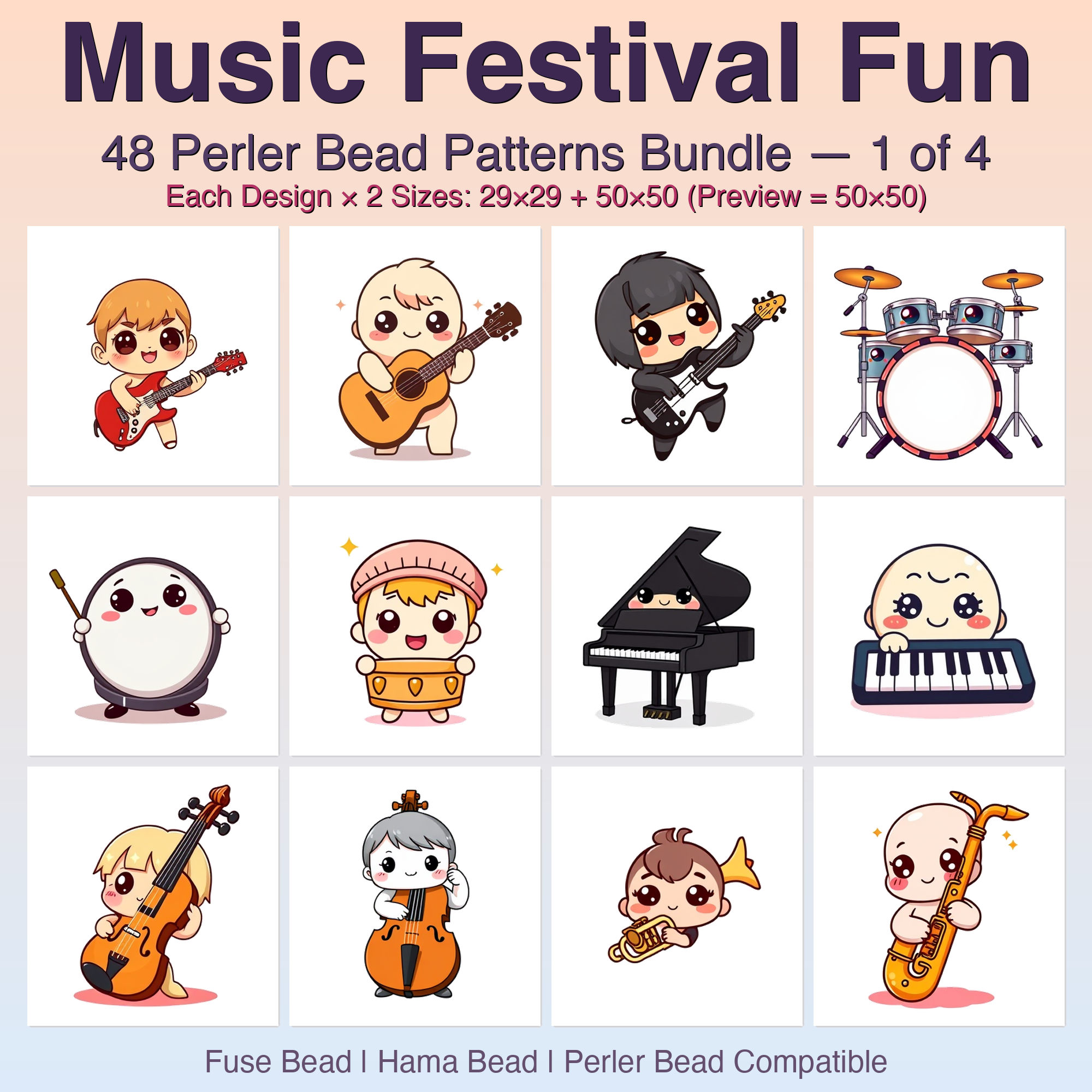 Music Festival Fun Perler Bead Patterns Bundle, 48 Designs (PDF Digital Download)