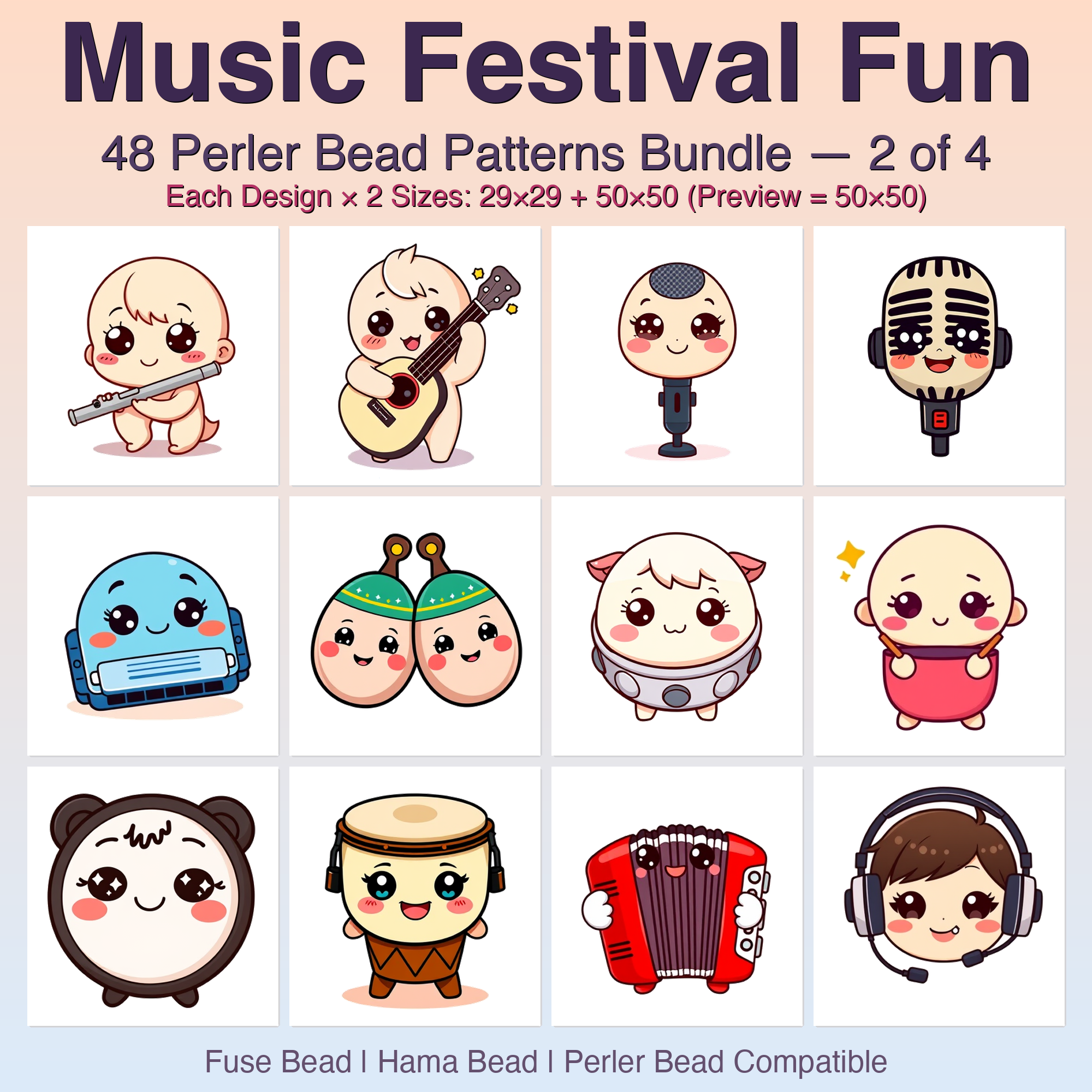 Music Festival Fun Perler Bead Patterns Bundle, 48 Designs (PDF Digital Download)