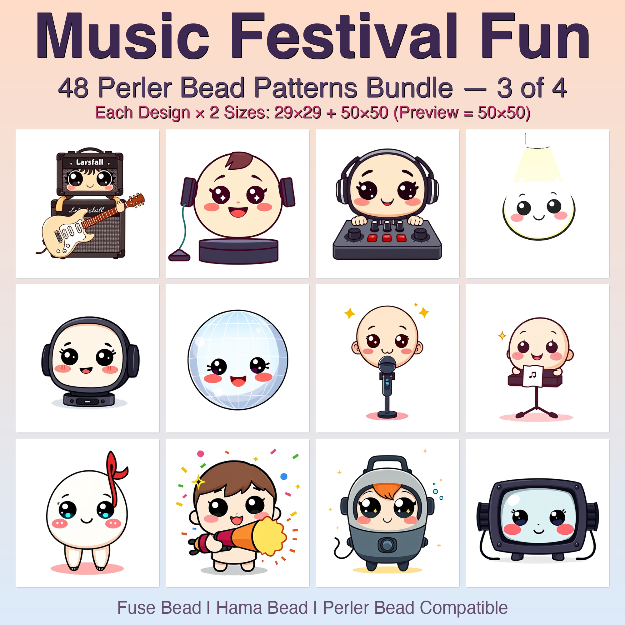 Music Festival Fun Perler Bead Patterns Bundle, 48 Designs (PDF Digital Download)