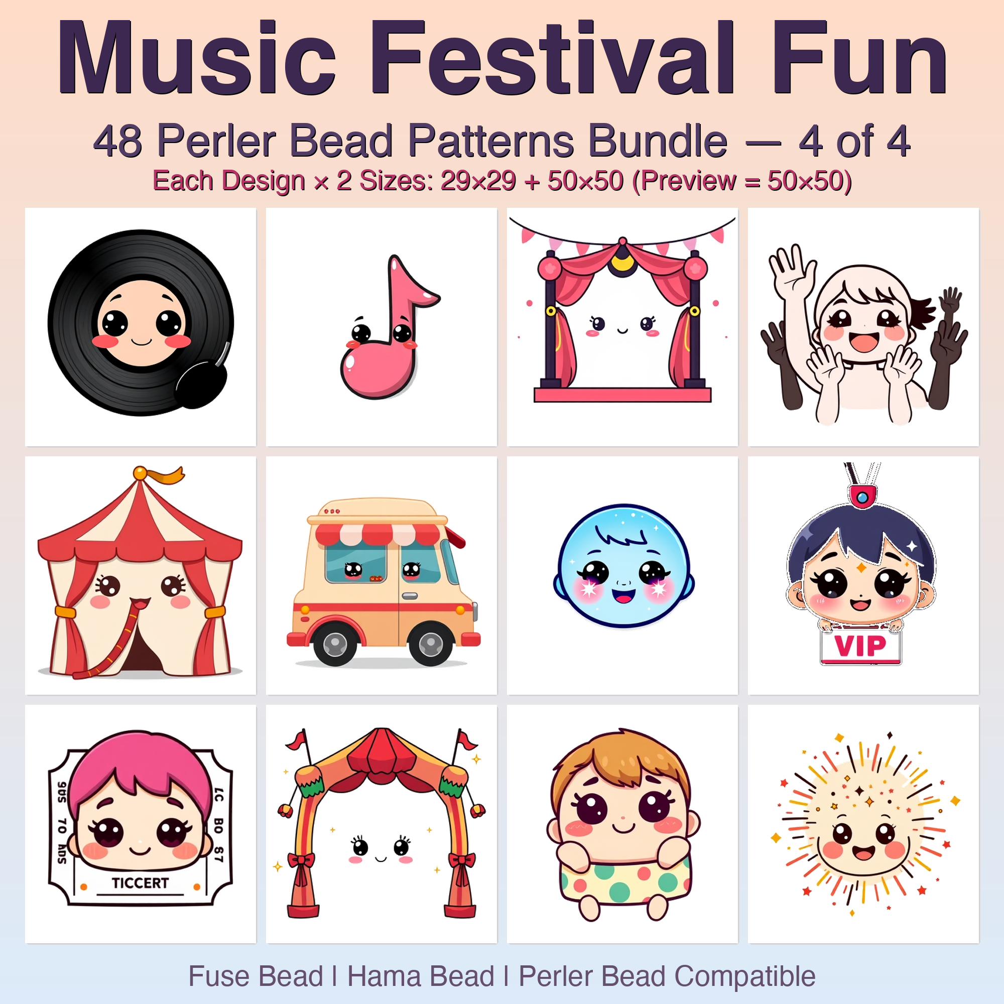 Music Festival Fun Perler Bead Patterns Bundle, 48 Designs (PDF Digital Download)