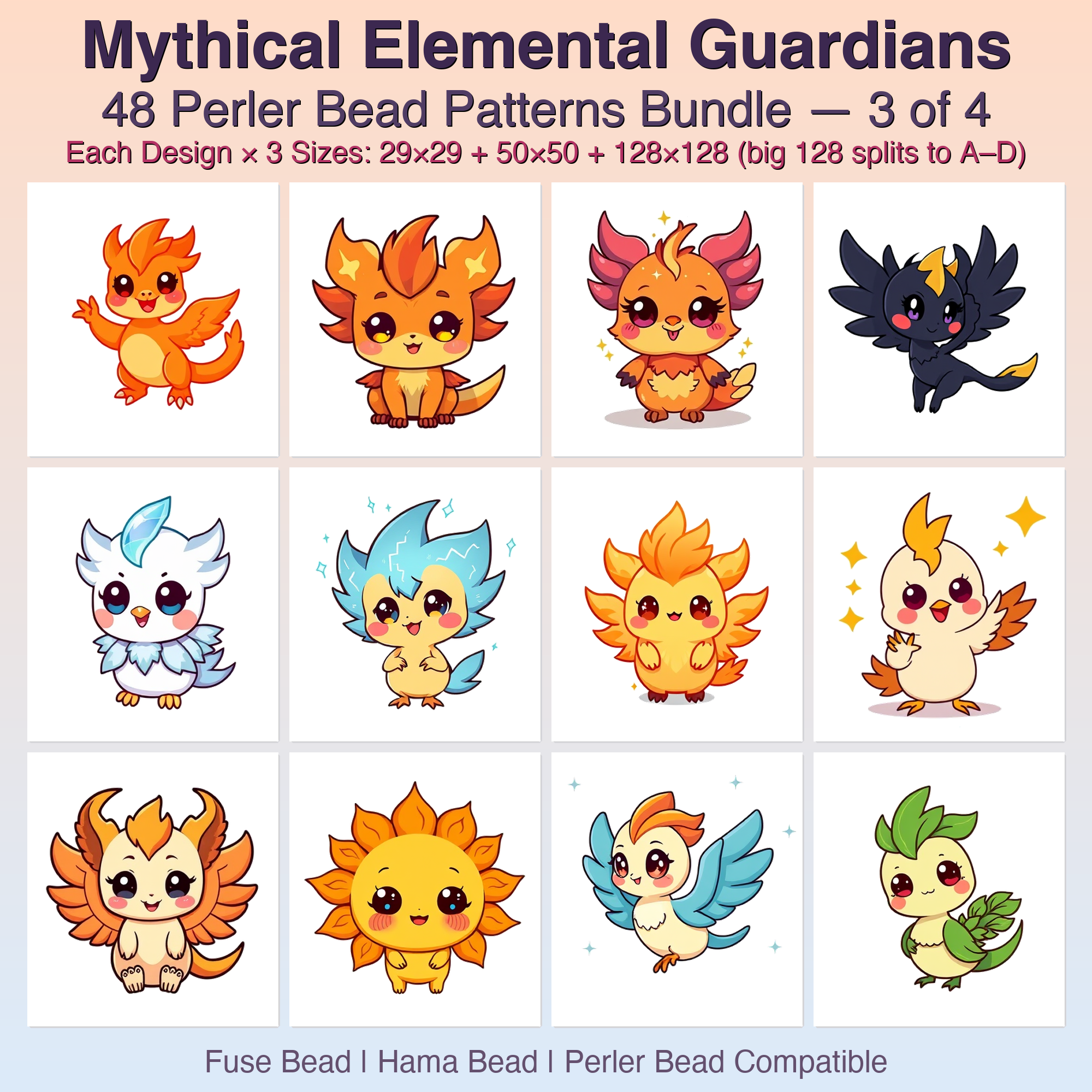 Mythical Elemental Guardians Perler Bead Patterns Bundle, 48 Designs (PDF Digital Download)