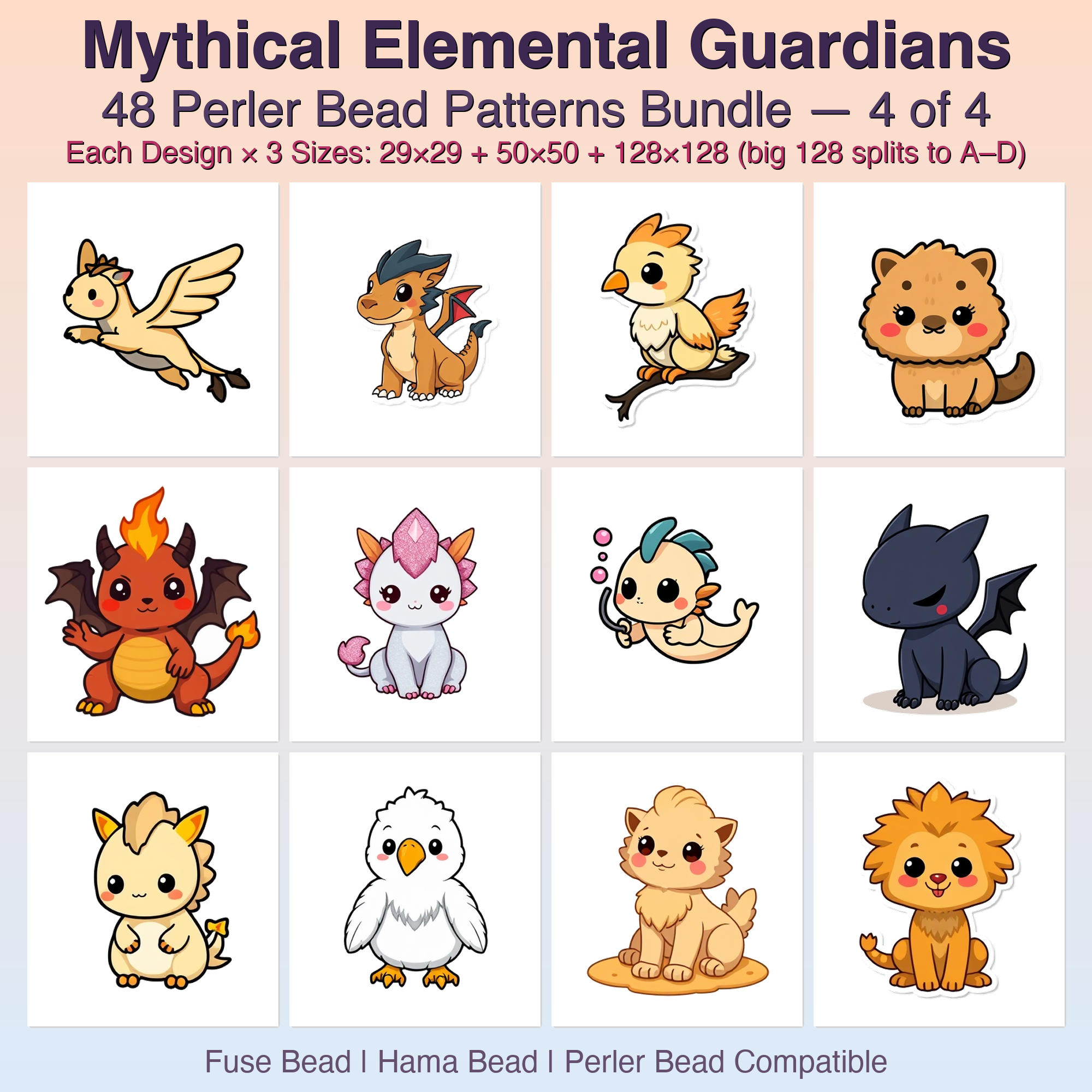 Mythical Elemental Guardians Perler Bead Patterns Bundle, 48 Designs (PDF Digital Download)