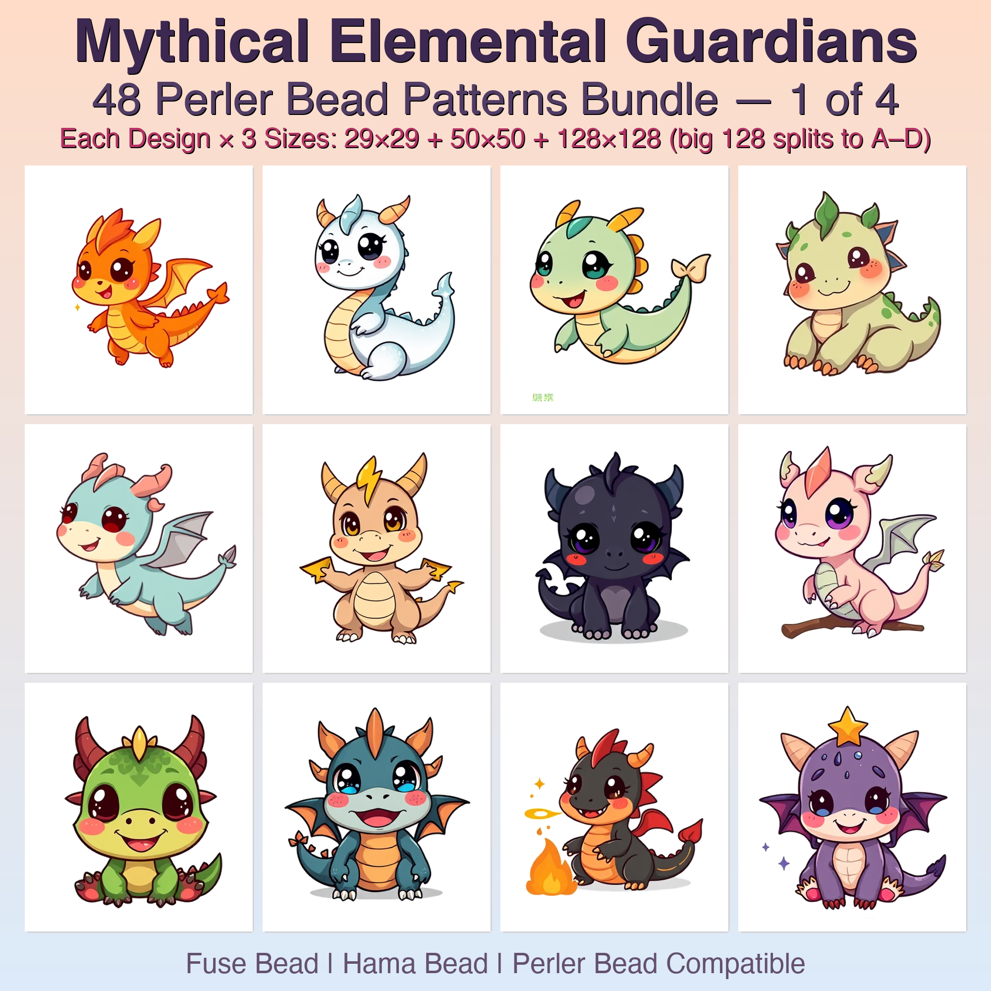 Mythical Elemental Guardians Perler Bead Patterns Bundle, 48 Designs (PDF Digital Download)