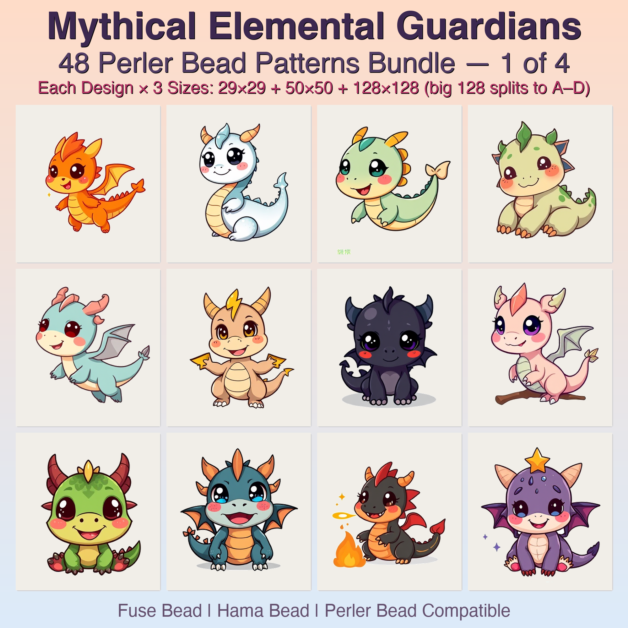 Mythical Elemental Guardians Perler Bead Patterns Bundle, 48 Designs (PDF Digital Download)