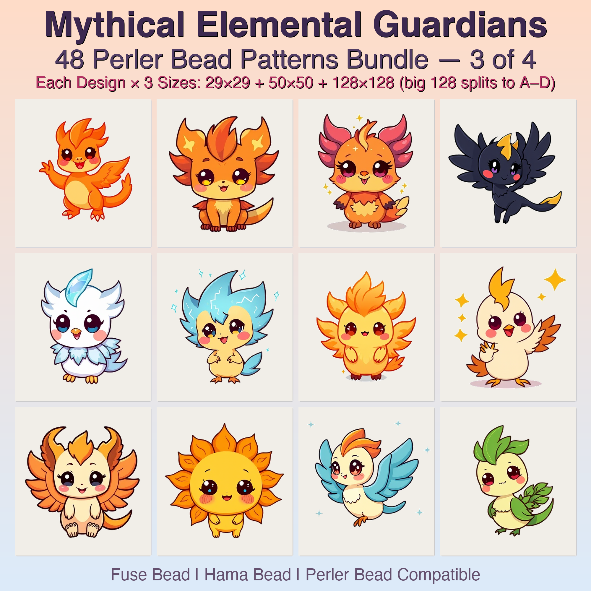 Mythical Elemental Guardians Perler Bead Patterns Bundle, 48 Designs (PDF Digital Download)