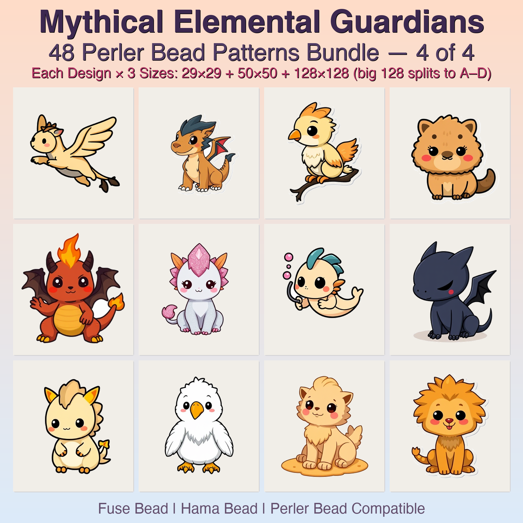 Mythical Elemental Guardians Perler Bead Patterns Bundle, 48 Designs (PDF Digital Download)